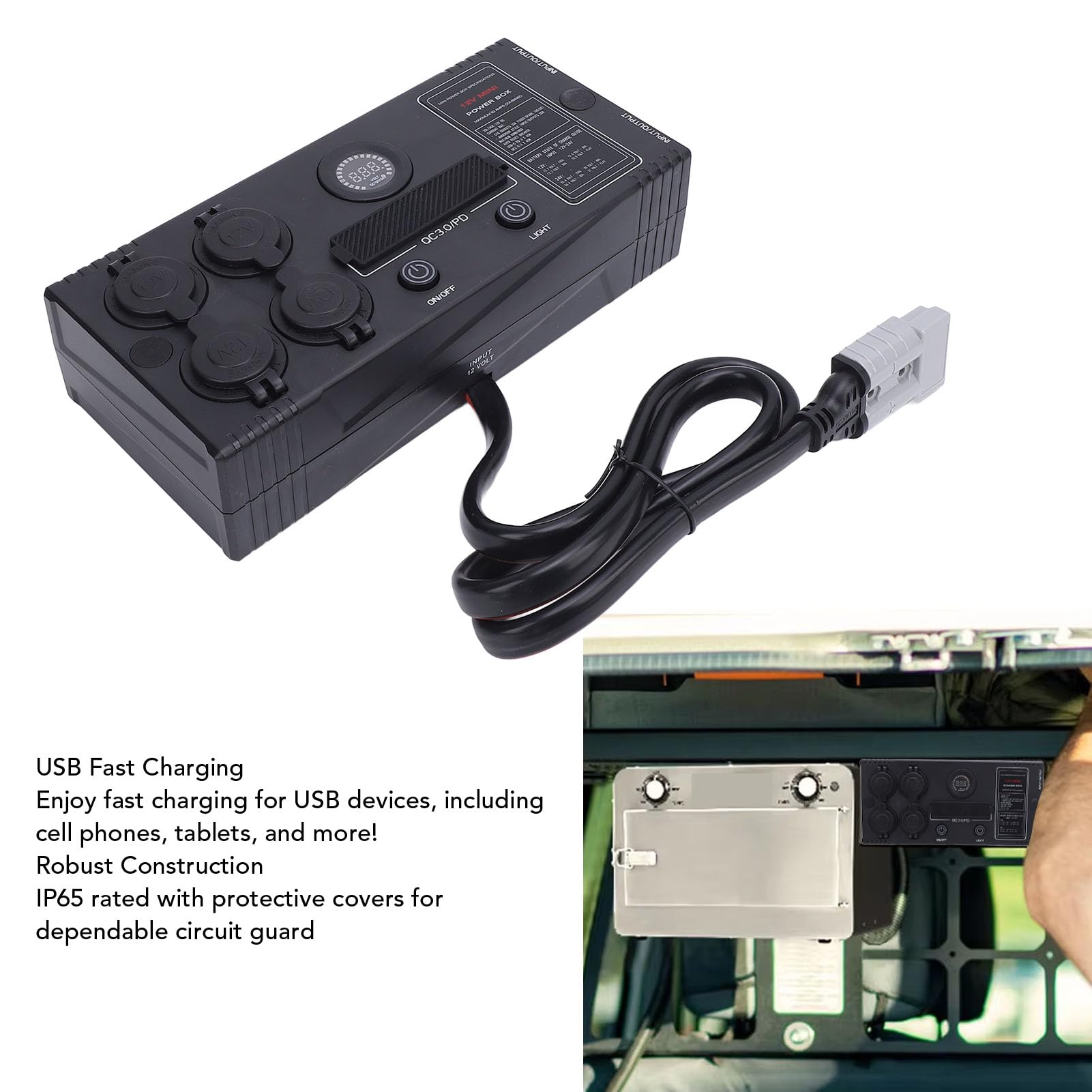 Alimentatore portatile 12V 24V - Hub di controllo multifunzione, porte USB C PD QC 3.0 a ricarica rapida e porte Anderson, interruttore automatico da 50 A, resistente alla polvere