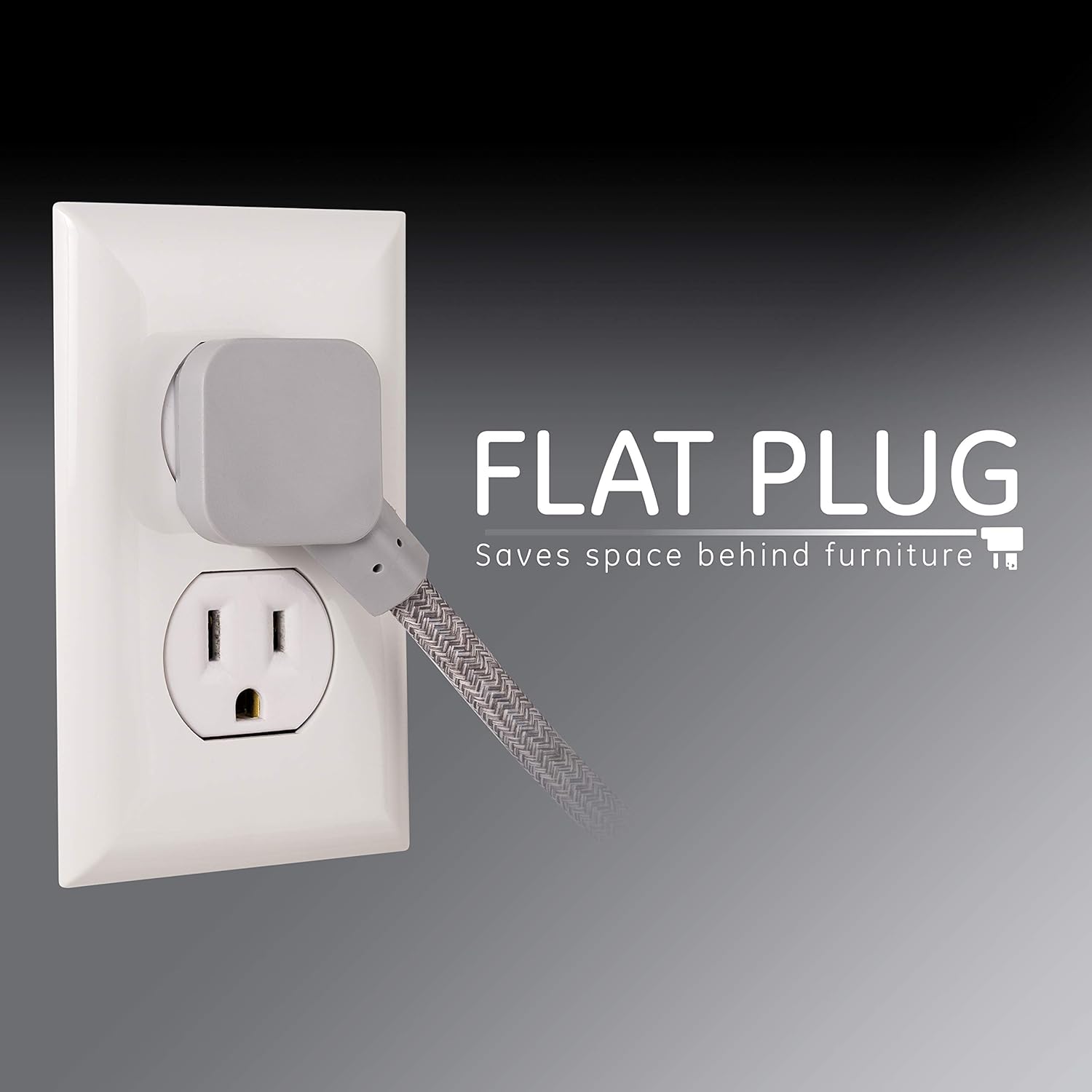 GE Pro 3 Outlet Surge Protector Power Strip, 15 Ft Designer Braided Extension Cord, Flat Plug, Wall Mount, Heather Gray, 45915