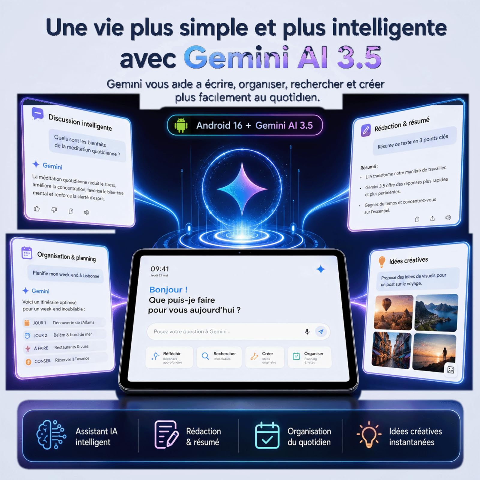 2026 Dernier Android 16 Tablette 10 Pouces Tablette, 32Go RAM+256Go ROM (2To TF), Octa-Core 2.0GHz, /GPS/WideVine L1/5G WIFI/1920 * 1080/10000mAh, Tablette Tactile Gemini AI - Noir