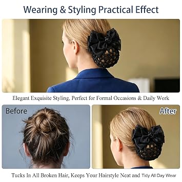 Black Satin Rose Bow Hair Bun Covers, Anti-slip Double Spring Hair Net Clips with Lace, Elastic Firm Hold Bun Holders for Nurses, Stewardess, Office, Hotel Staff, Medical Work, Formal Occasions