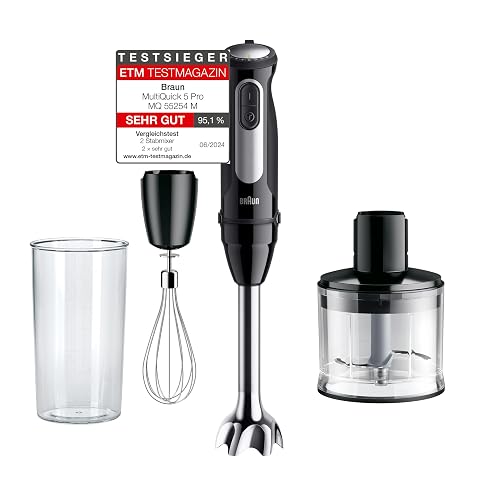 Braun MultiQuick 5 Pro MQ55236M, Stabmixer mit 25 Geschwindigkeiten, EasyClick Plus System für Zubehör, 1000W, Schwarz inkl. Schneebesen, Zerkleinerer (500 ml) & Mix- und Messbecher (600 ml)