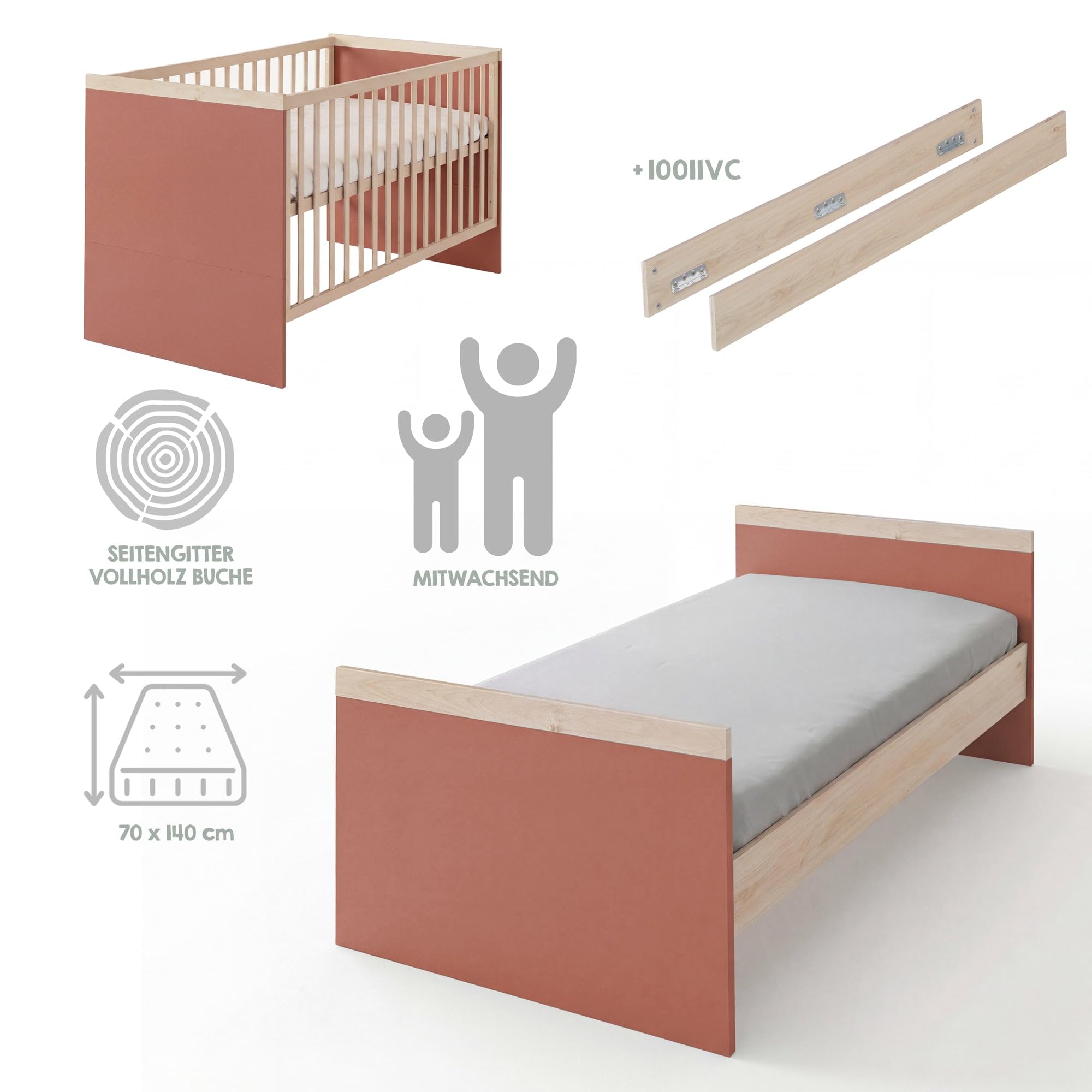 roba Babyzimmer Set „Jimmy“ - 3-teiliges Komplettzimmer mit Kombi-Kinderbett 70 × 140 cm, Wickelkommode & 3-türigem Kleiderschrank - Mauve/Eiche