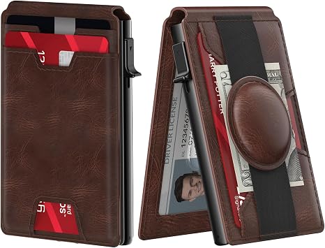 typecase Wallet for Men with AirTag Holder Stealth Pocket for Apple Air Tag, Genuine Leather, RFID Blocking, Smart, Slim, Minimalist - 13 Card Capacity | ID Window | Cash Slot Brown
