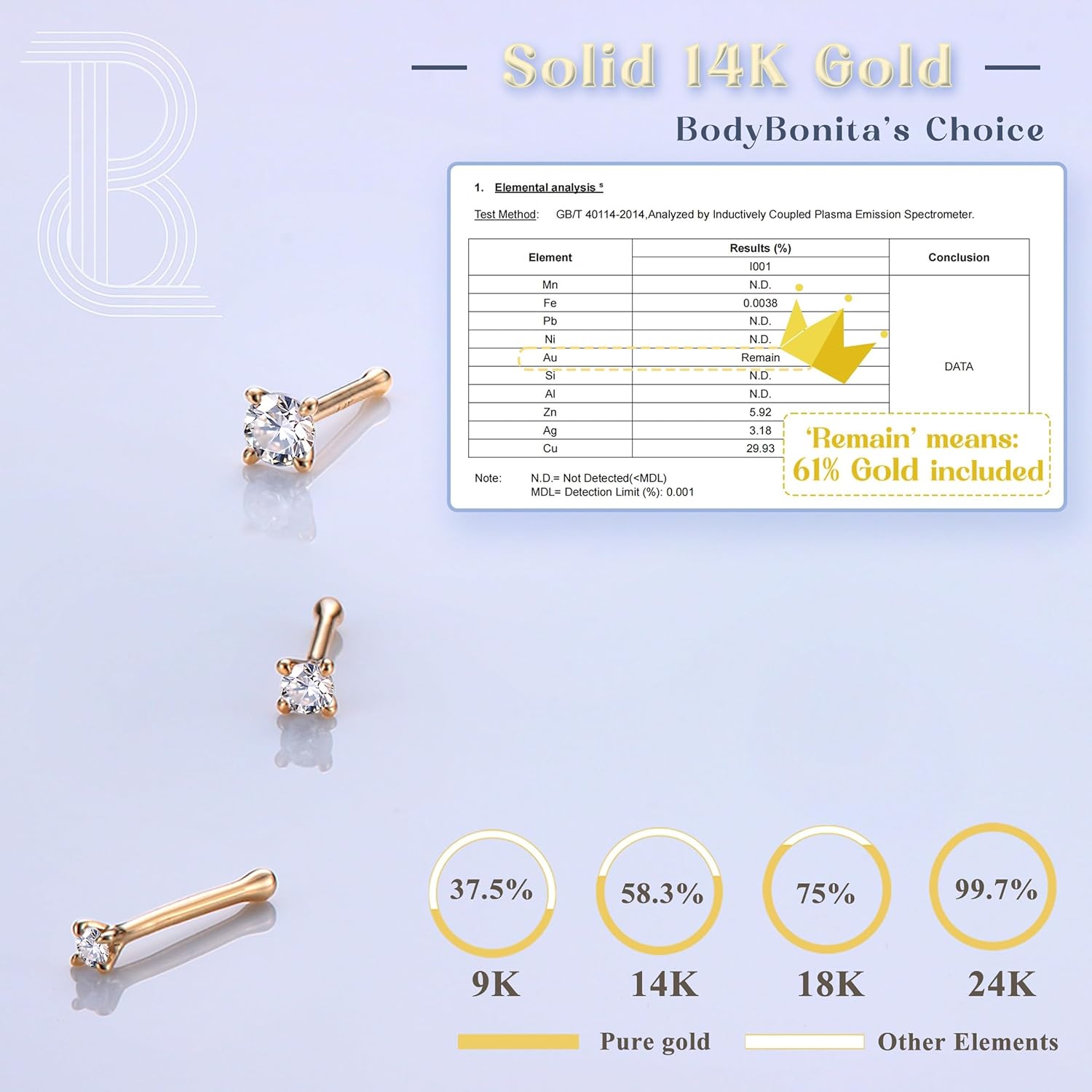 BodyBonita 14K Solid Gold Plated Nose Rings - Twist/Bone Style Nose Stud 18G 20G Screw Shaped CZ Post Hypoallergenic Piercing Jewelry Rings Women Men 3 mm/2 mm/1.5 mm Cubic Zirconia 7 mm Bar Length - Image 2