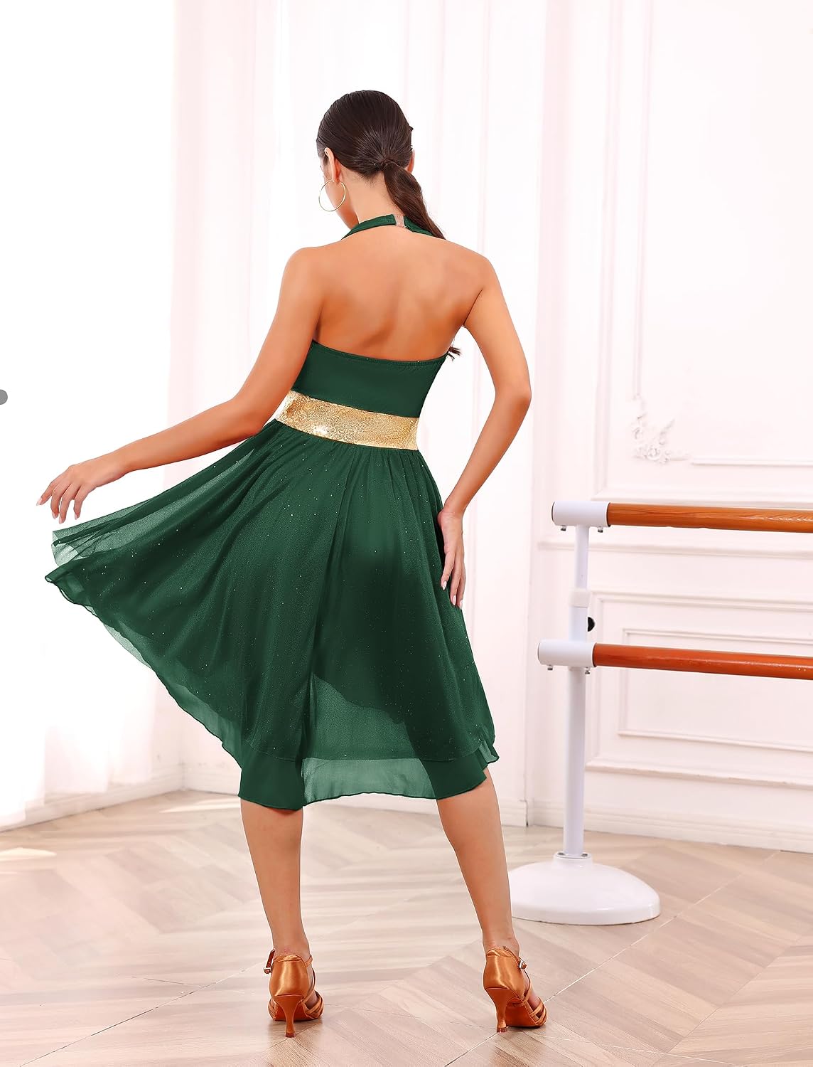 Lyrical Dance Costume for Women Halter V Neck Open Back Shiny Asymmetric Flowy Skirt Sexy Contemporary Dance Outfits