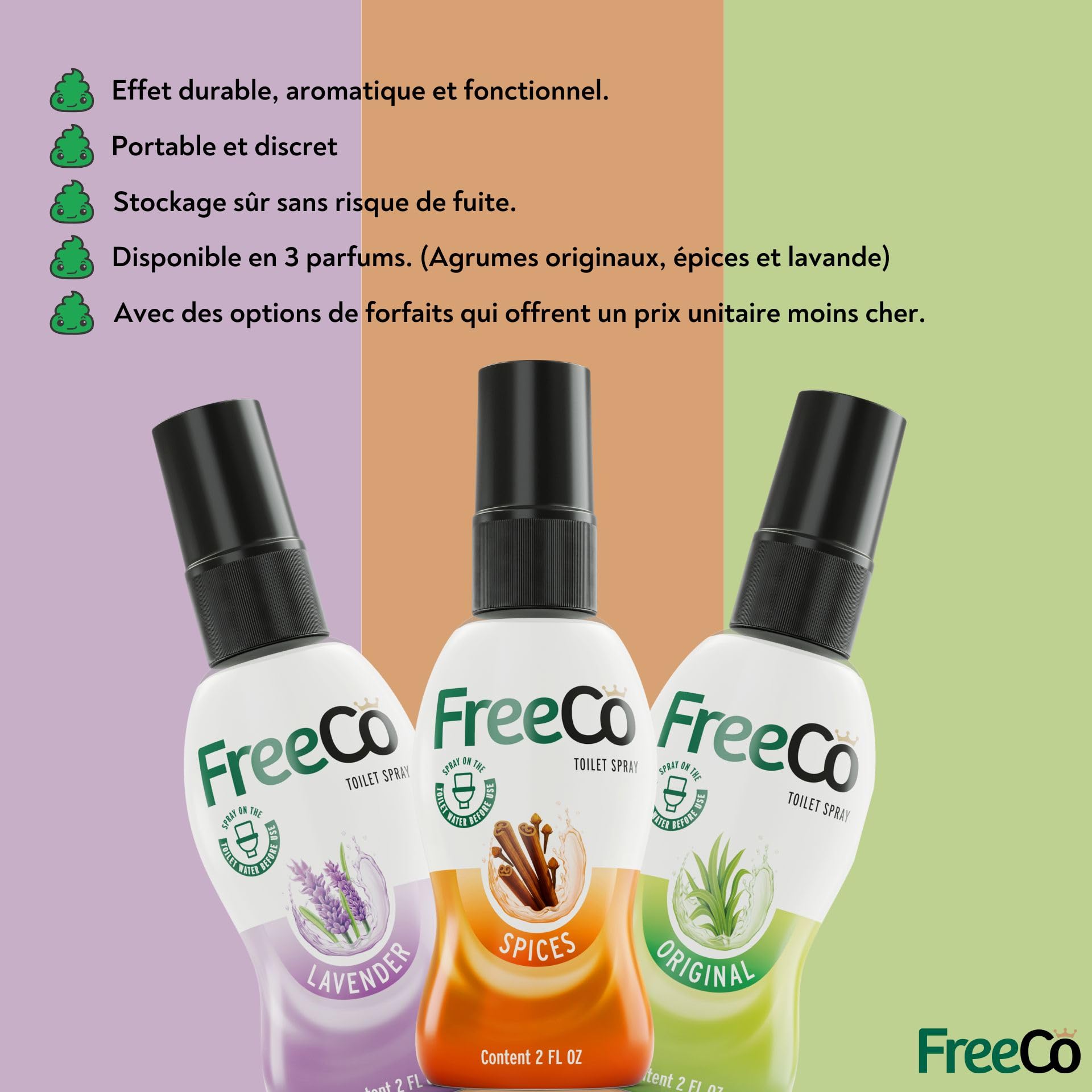 Freeco Anti-Odeur WC (Before You Go) - Spray aux Huiles Essentielles Naturelles. Idéal pour Maison, Bureau, Resto et Voyage. Pack mix 3x60ml: 1 Parfum Agrumes + 1 Lavande + 1 Épice