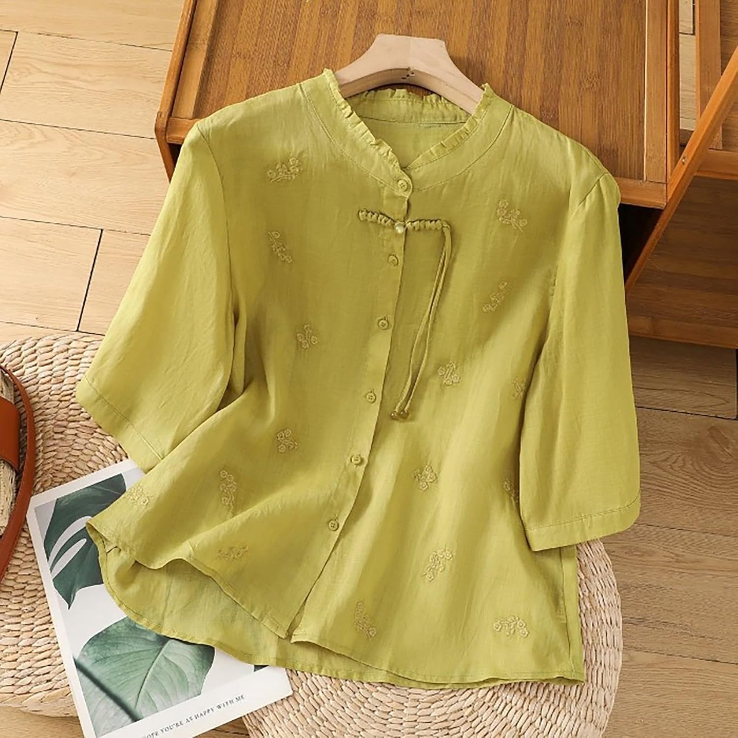 Womens Elbow Sleeve Linen Shirts Embroidered Button Down Gauze Tops Chinese Traditional Mandarin Collar Blouses
