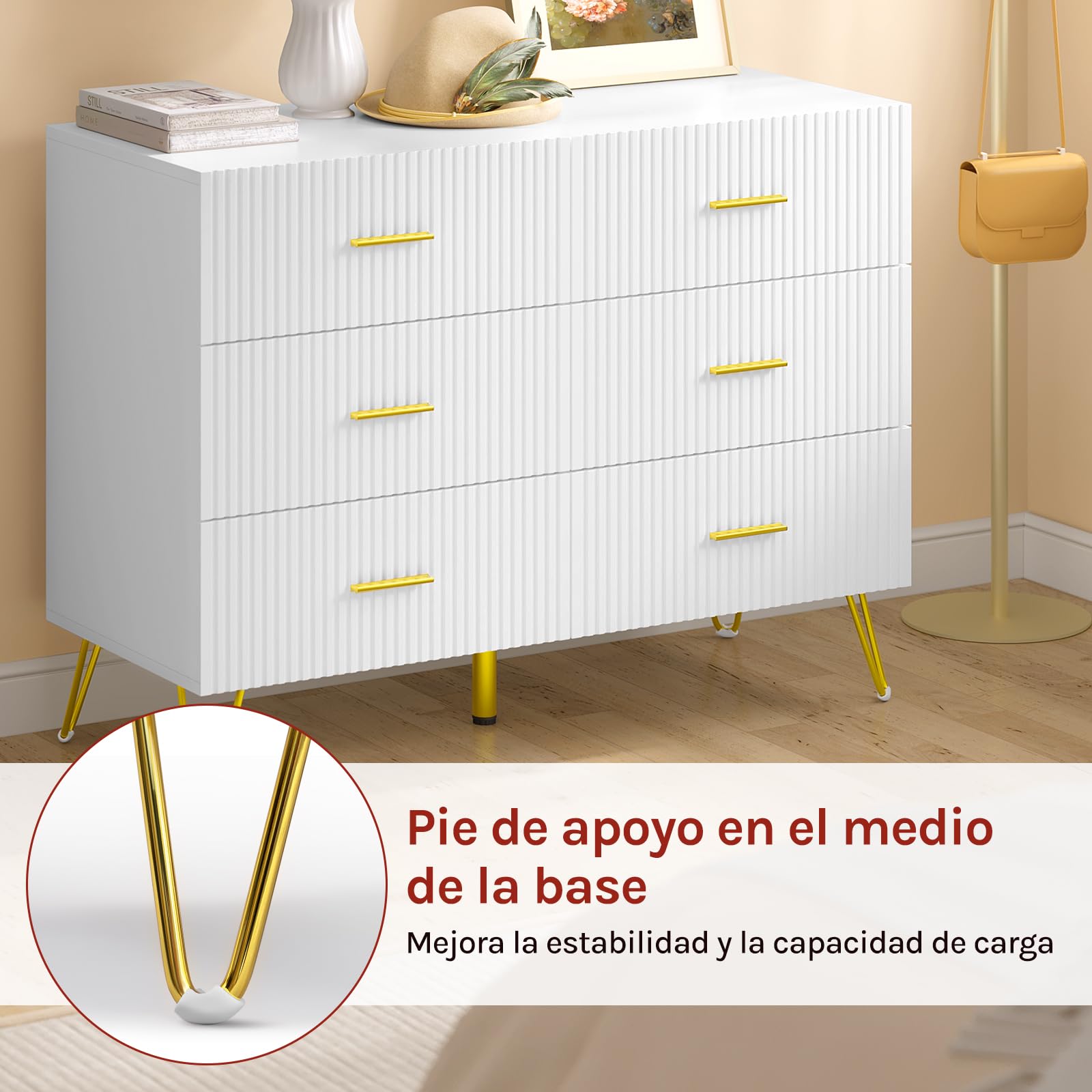 WOLTU Cómoda Blanca de 6 Cajones | Con Patas Doradas, para Dormitorio y Salón, 100x40x75 cm