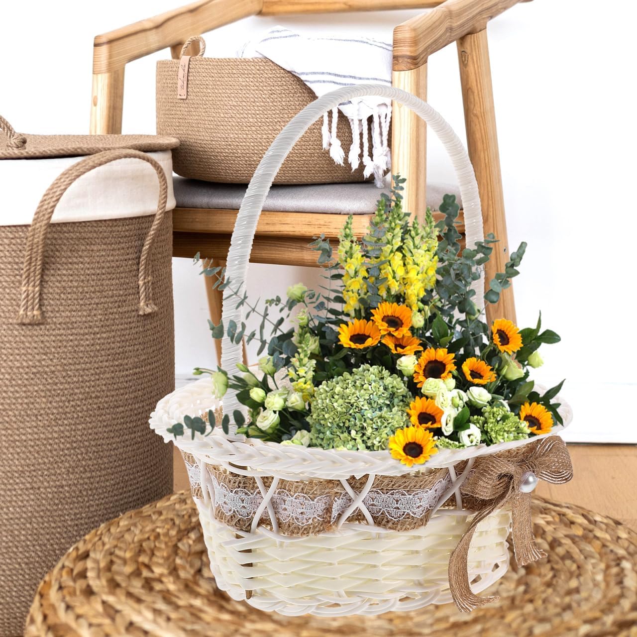Rustic Flower Girl Basket with Handle 8.26X7.08X7.08 Inch Lightweight Woven Petal Basket for Wedding Party Ceremony Table Centerpiece