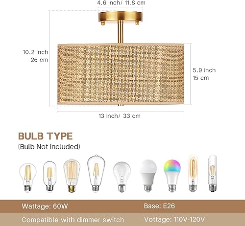 Miniatura 2 de Lámpara de techo bohemia de ratán tejido de 13 pulgadas, lámpara de montaje semiempotrado moderna de 3 luces con pantalla de tela de tambor,