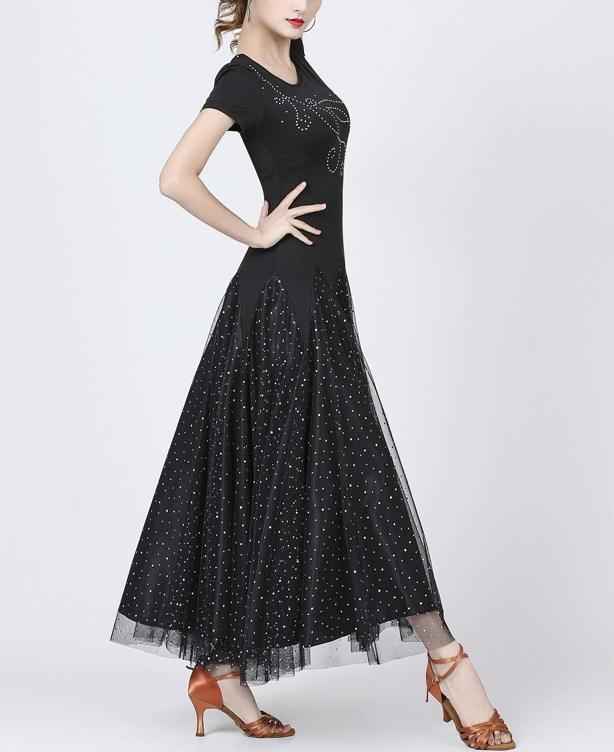 Whitewed Short Sleeve Long Modern Smooth Waltz Standard Ballroom Dancing Dresses