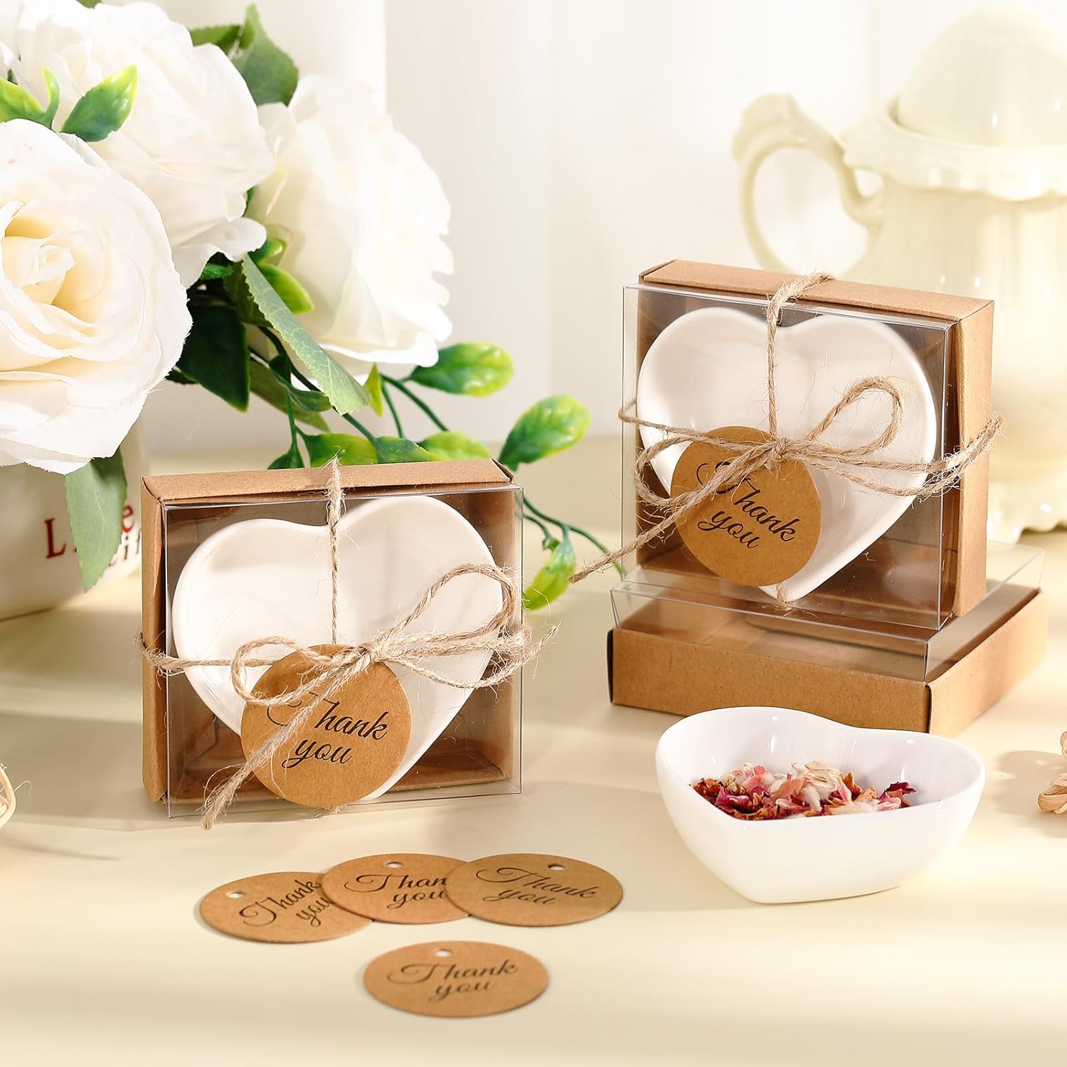 Honeydak 36 Sets Mini Heart Shaped Bowls, Small Ceramic Bowls Wedding Favors for Guests Bulk with Kraft Gift Box Thank You Card, Bridal Shower Bachelorette Baby Shower Birthday Party Return Gifts