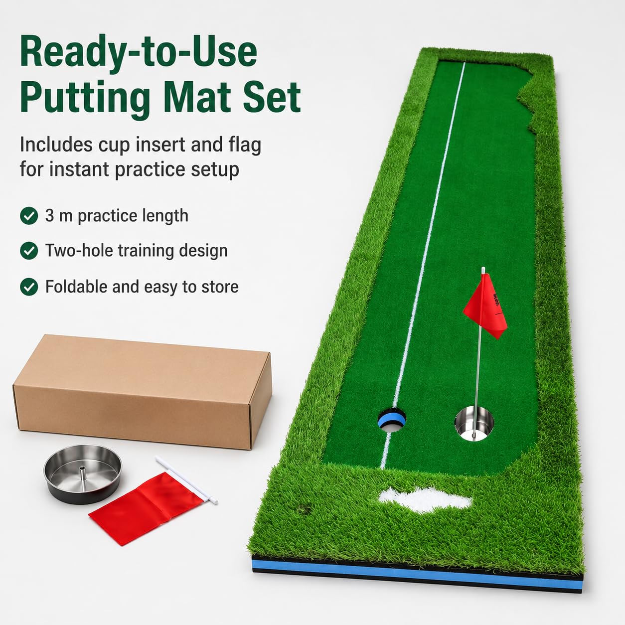Alfombra Putting Golf 3 m, tapete precisión para práctica en casa, Green césped sintético para alineación