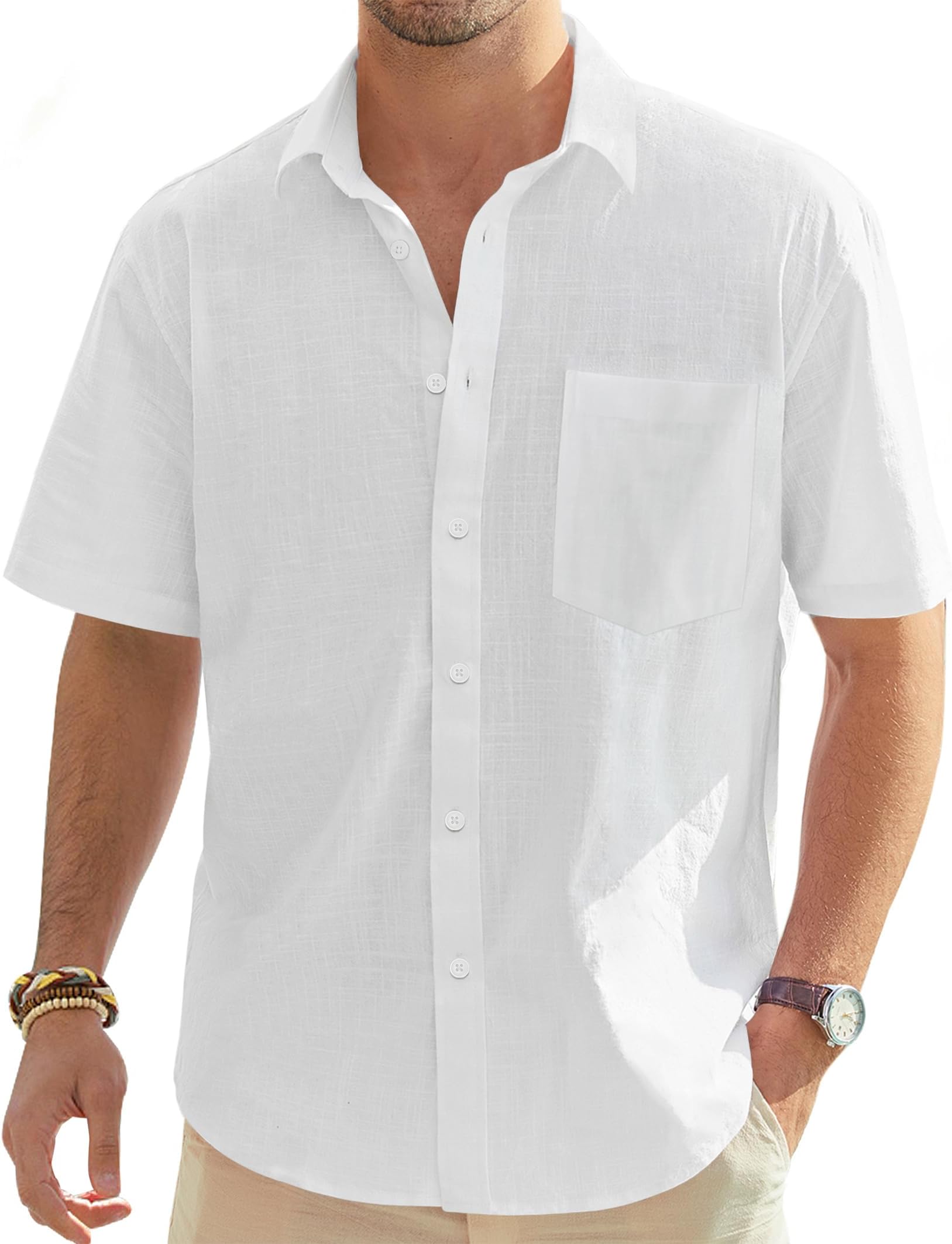 Men's Cotton Linen Short Sleeve Shirts Casual Lightweight Button Down Shirt Beach Summer Tops with Pocket