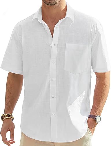 Miniatura 172 de J.VER Camisas de manga corta de lino y algodón para hombre, estilo informal, ligeras, con botones, para vacaciones, playa y verano, con bolsillo