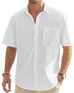 J VER Mens Linen Short Sleeve Shirts Cotton Casual Lightweight Button Down Shirt Beach Vacation Summer Tops with