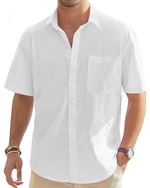 J VER Mens Linen Short Sleeve Shirts Cotton Casual Lightweight Button Down Shirt Beach Vacation Summer Tops with