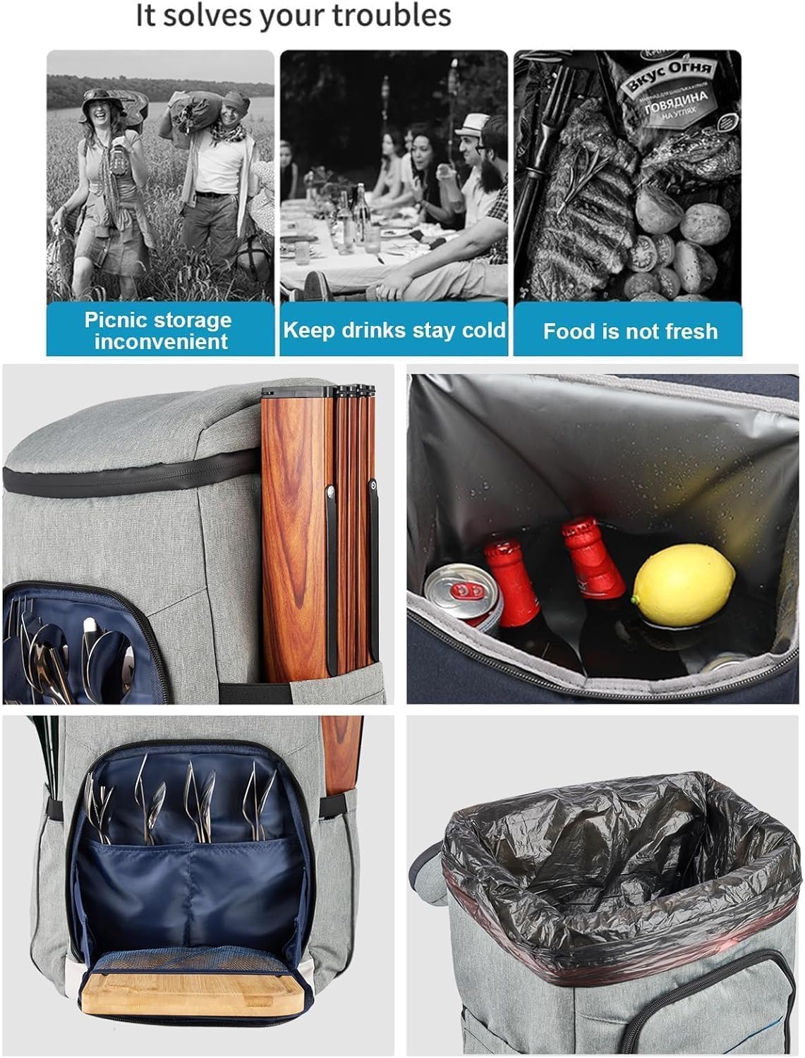 Picnic Backpack Bundle 15-in-1 Set Camping Gear with Fold Table & Waterproof Blanket & Stainless Steel Utensils for 4-Person Family Hiking Essentials - Image 3