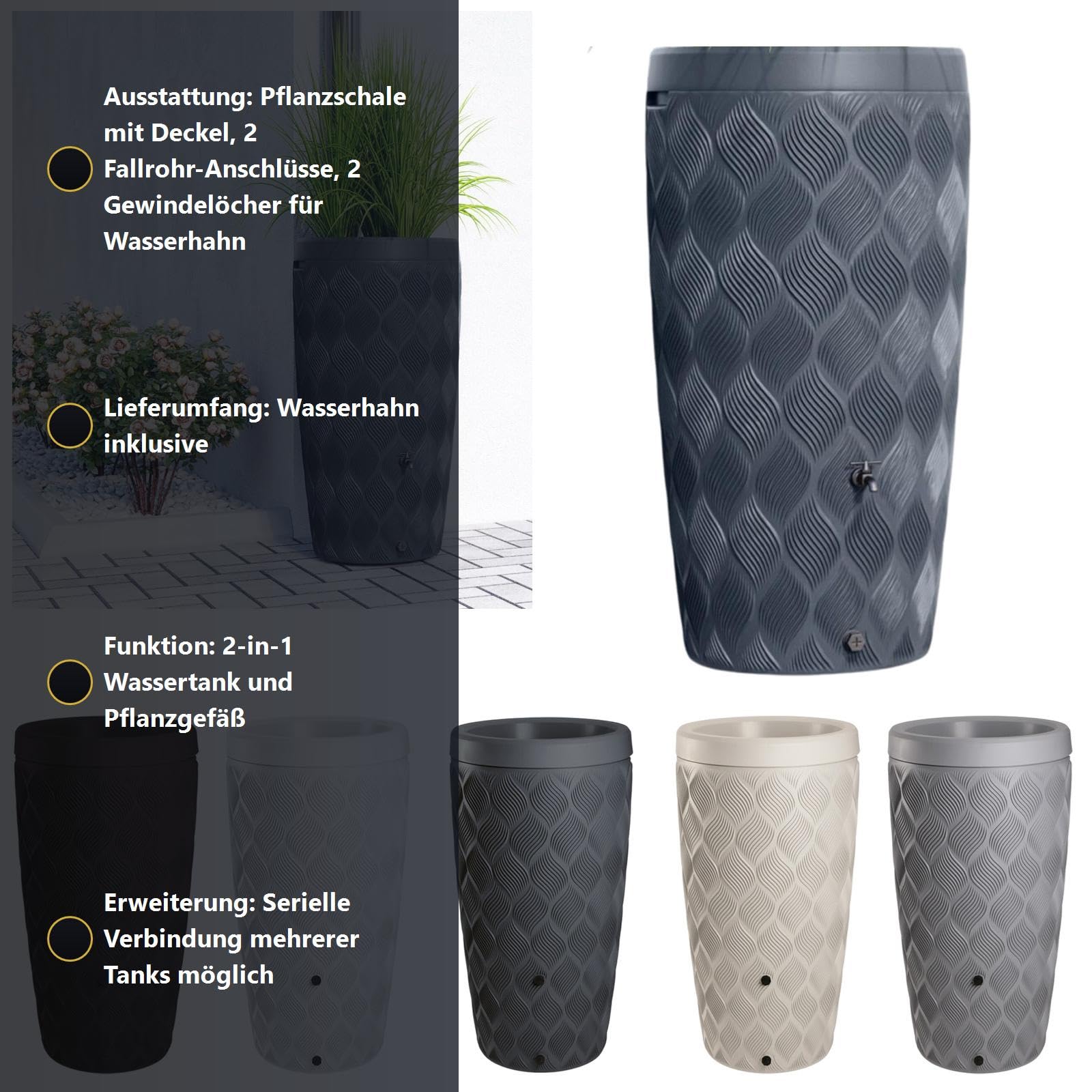 Regenwassertank 240L Regentonne mit Pflanzschale | mit Wasserhahn | 5 Farben