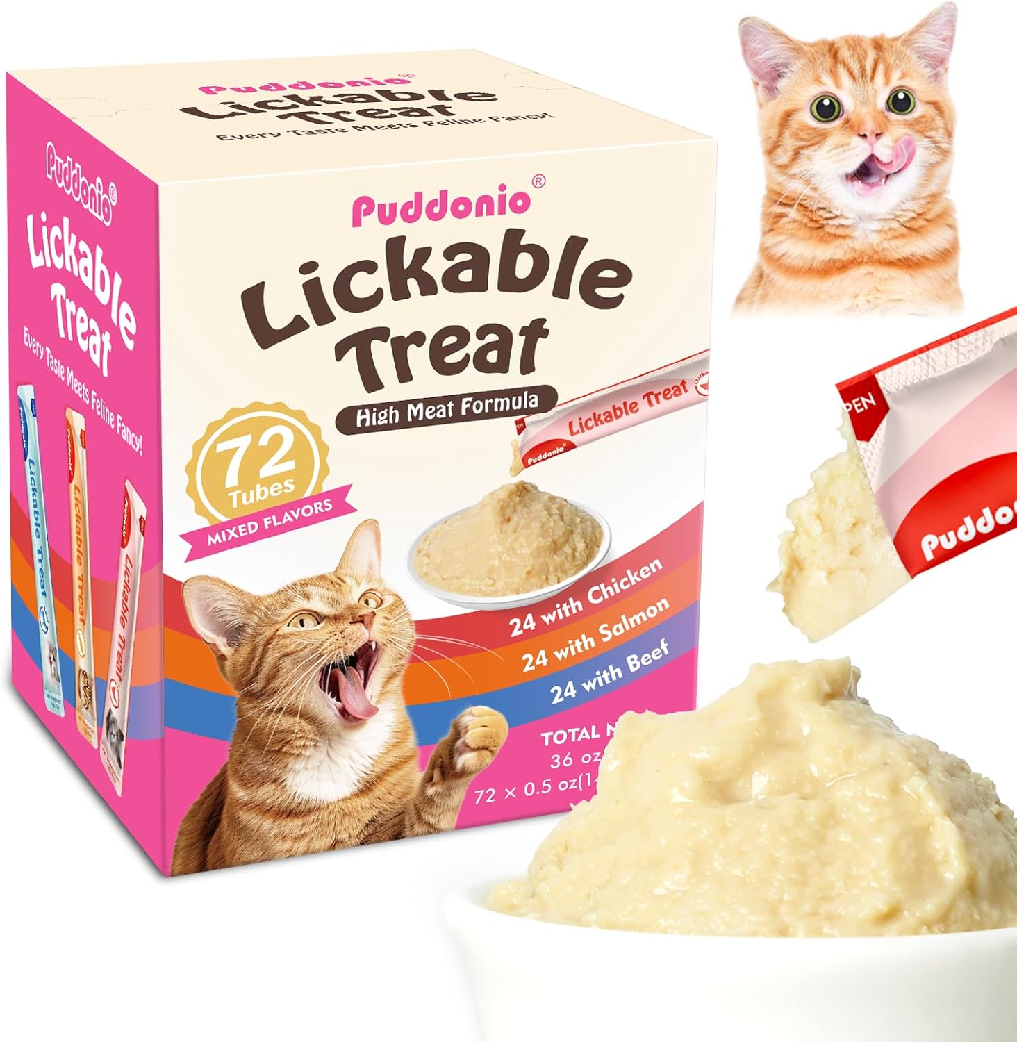 High-Meat Lickable Cat Treats, Grain & Gum Free, No Additives, All-Natural High Protein Puree, 0.5oz Tubes (Pack of 72)