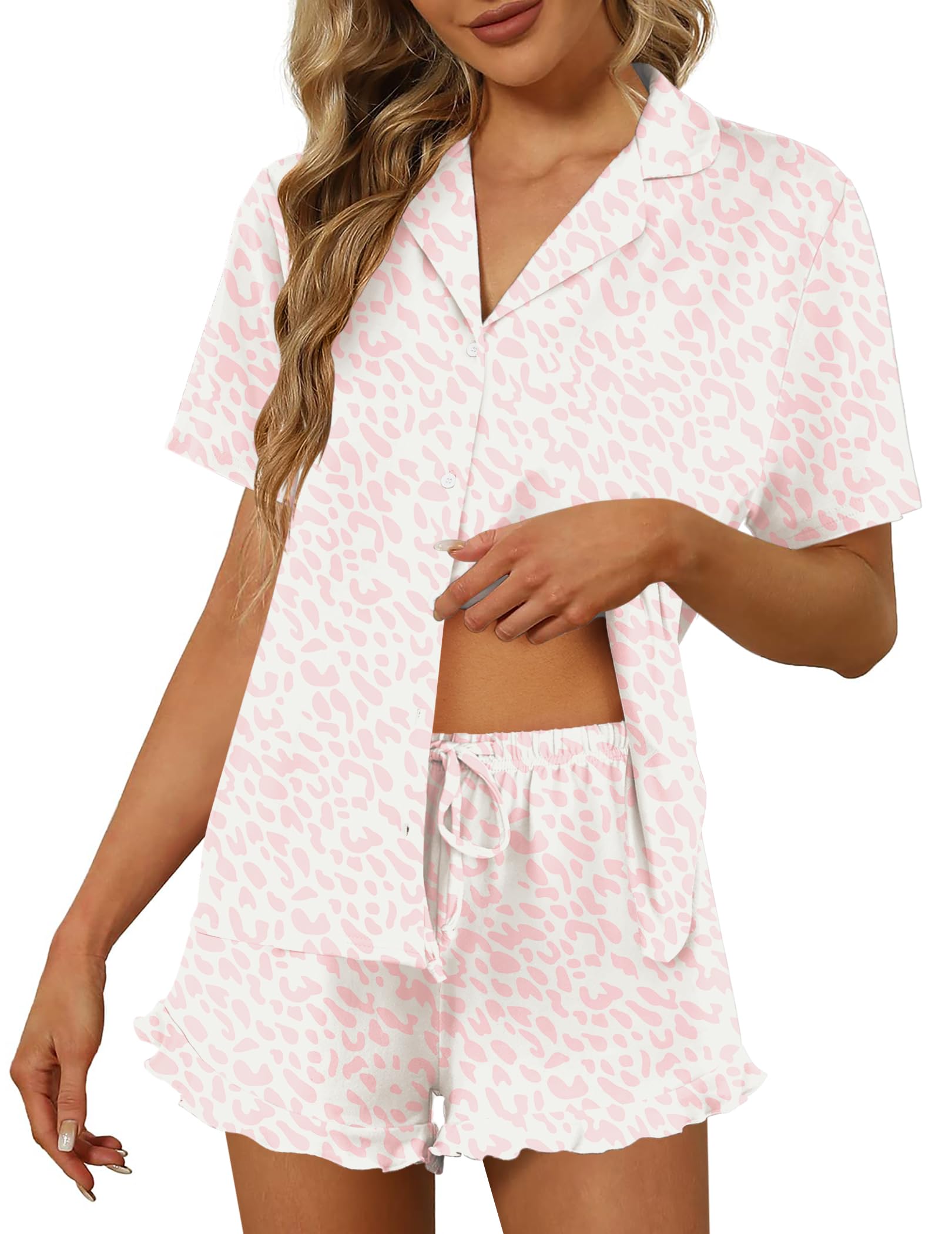 Ekouaer Pajamas Set for Women Short Sleeve Sleepwear Button Down Ruffle Pjs | Soft Pjs Shorts Set, Notch Collar, Lounge Sets for Sleep, Lounge, Wedding, Bridal Party