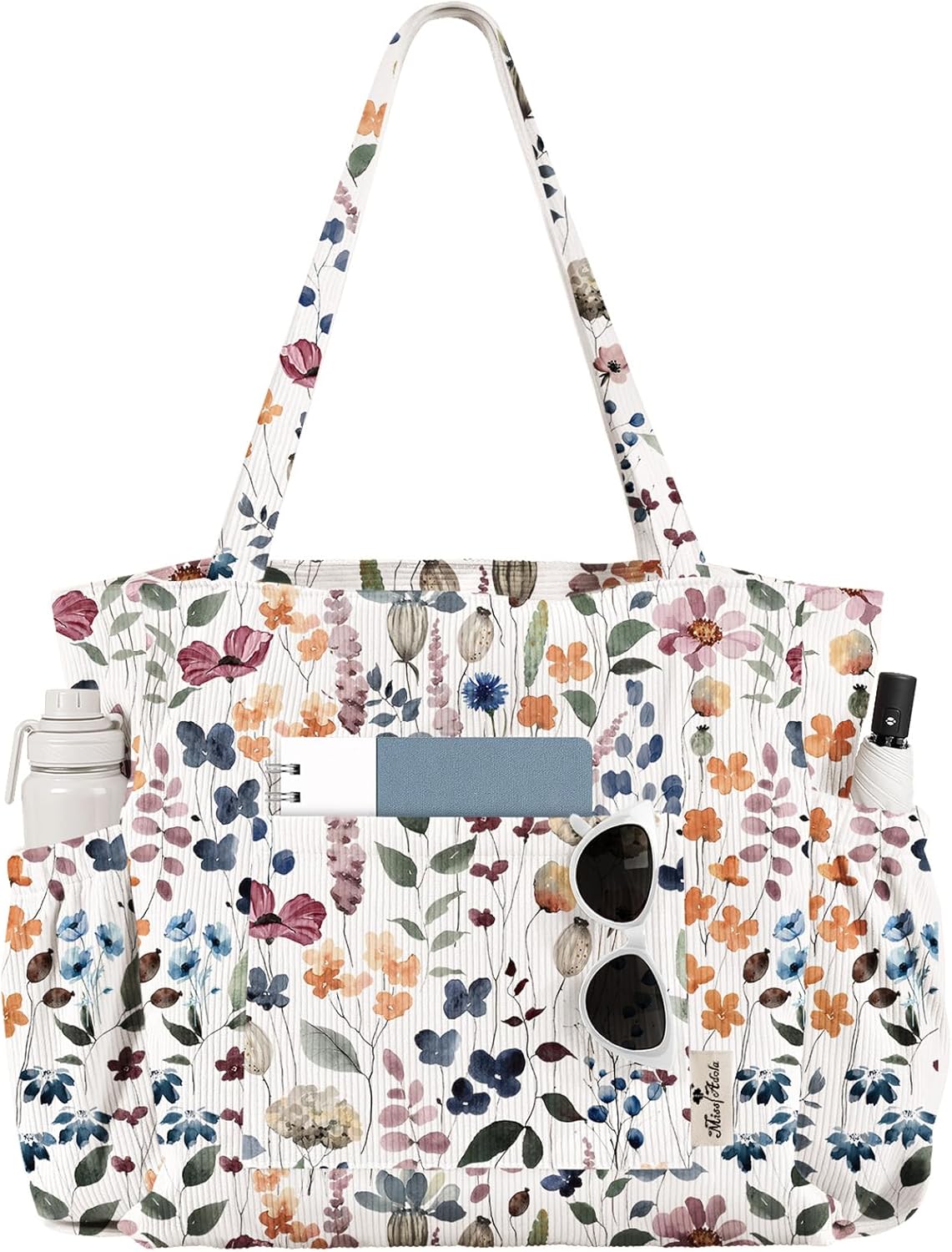 Miss Adola Large Corduroy Tote Bag for Women - Cute Shoulder Reusable Canvas Bags with Zipper Multi-Pocket for School