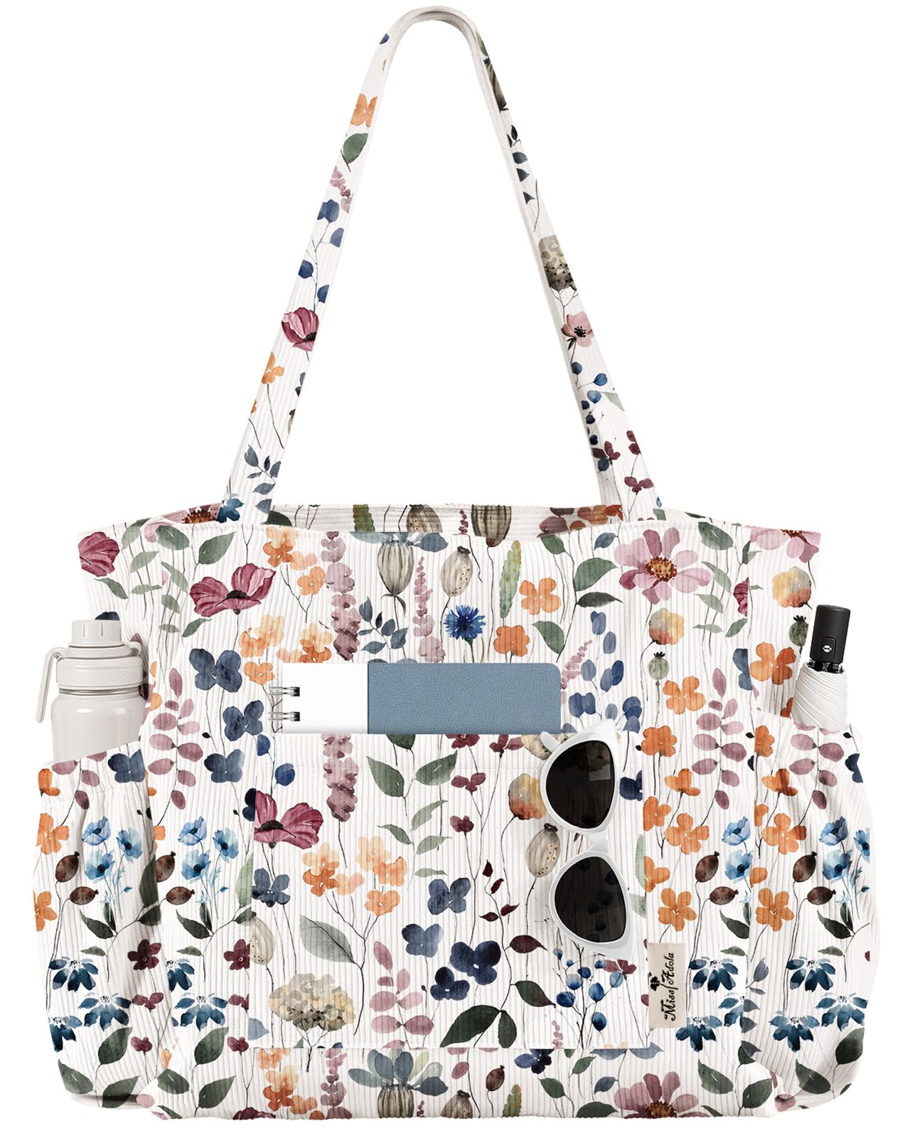 Large Corduroy Tote Bag for Women - Cute Shoulder Reusable Canvas Bags with Zipper Multi-Pocket for School