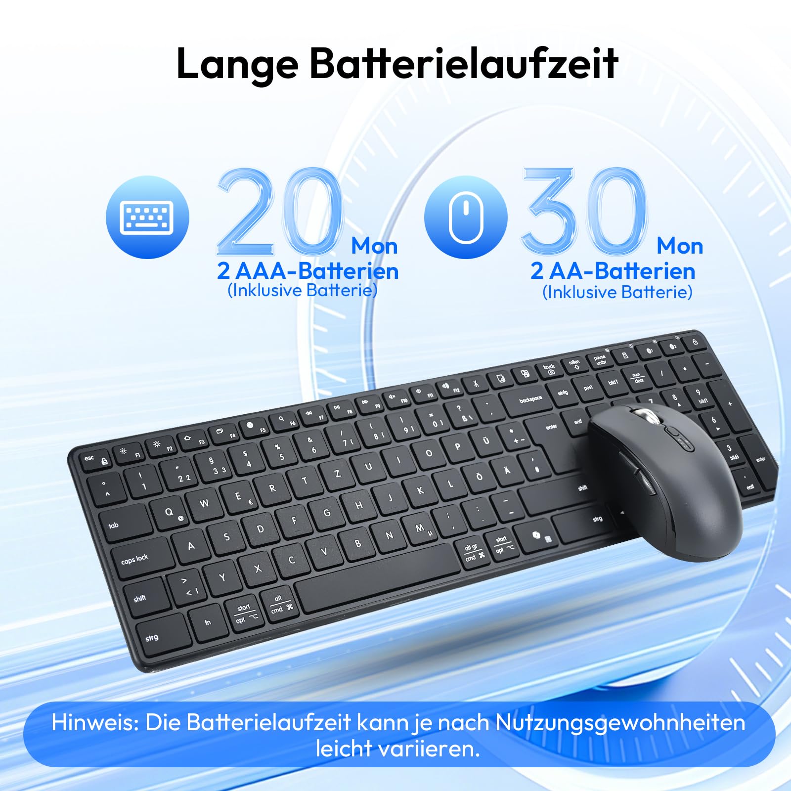 kabellose Bluetooth Tastatur- und Maus Kombination, Ultradünne und leise, mit 2,4-GHz-Funk und dualer Bluetooth-Verbindung, kompatibel mit Mehreren Geräten, in voller Größe, für Windows/PC/Laptops