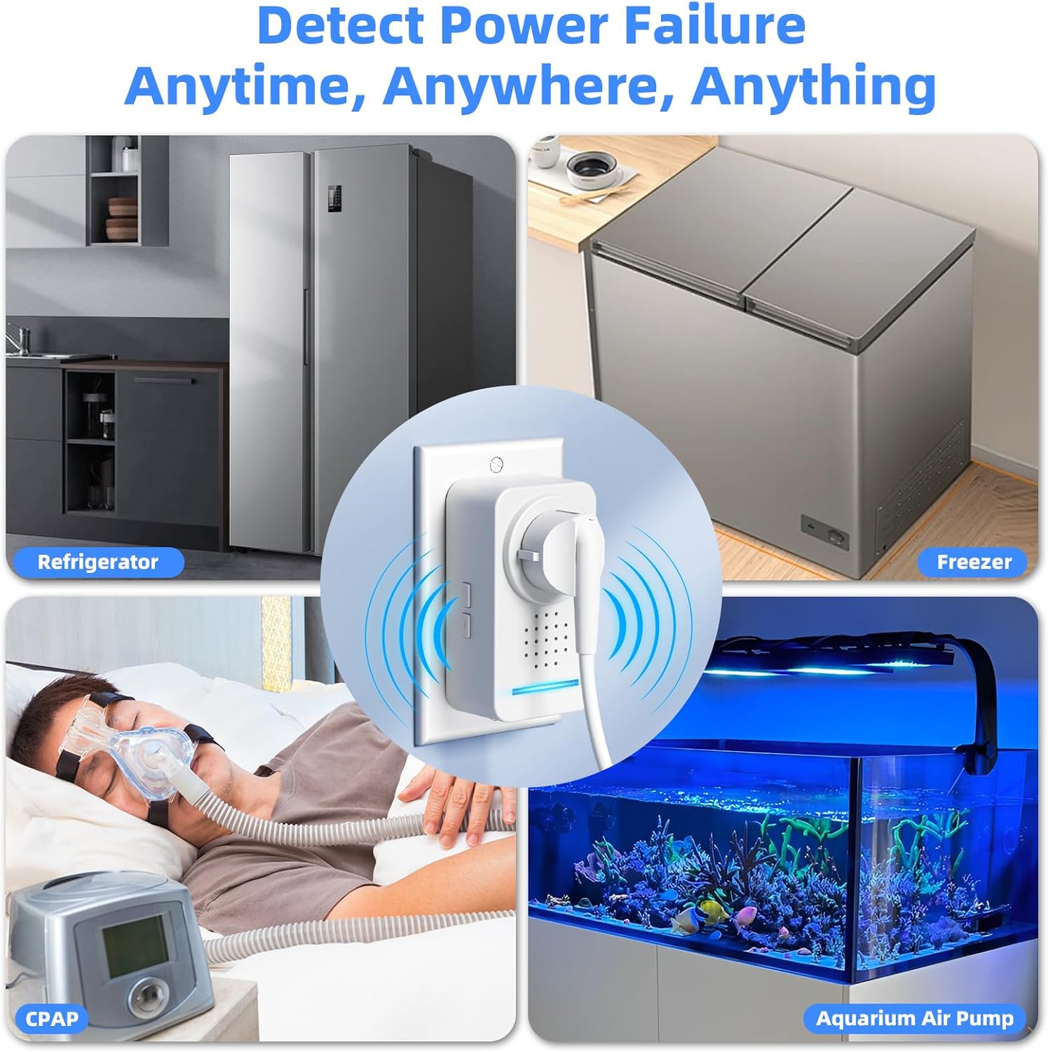 Collage of images showing the yomishine Power Failure Alarm being used with a refrigerator, freezer, CPAP machine, and an aquarium air pump.