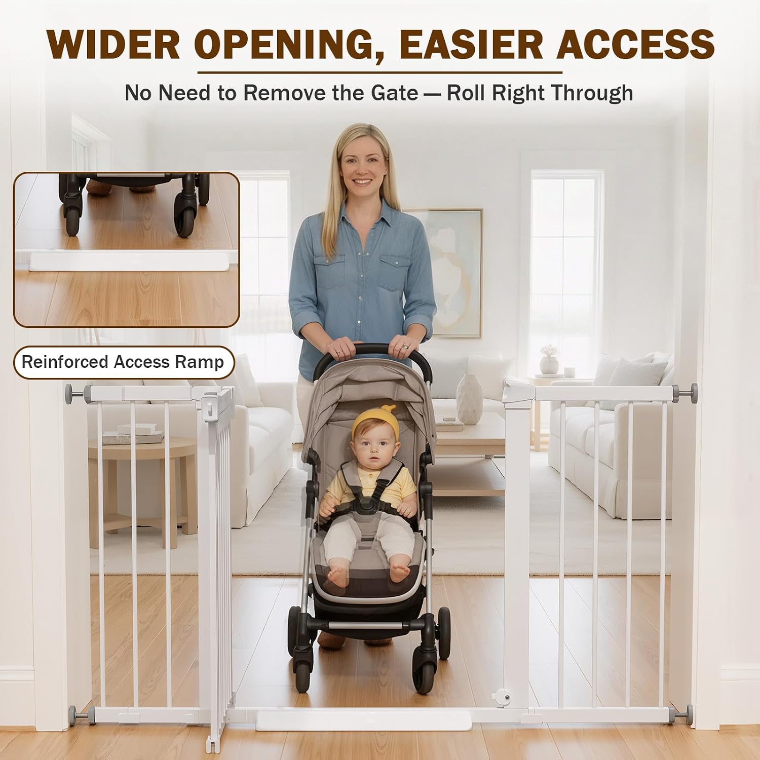 Mumeasy 29.7–51 Inch Extra Wide Baby Gate for Stairs, Extra Long Indoor Dog Gate for Doorways, Pressure Mounted Walk Thru Child Gate with Auto-Close, No-Drill Safety Pet Gate with Door for House,White