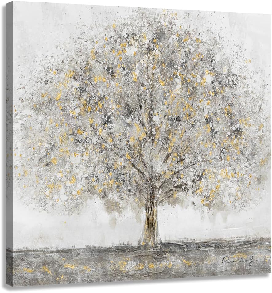 Woxfcart Abstract Tree Canvas Wall Art, Tree of Life Paintings with Gold Decoration Artwork for Gray Living Room Bedroom Bathroom Home Office Decor, 28 x 28 Inch