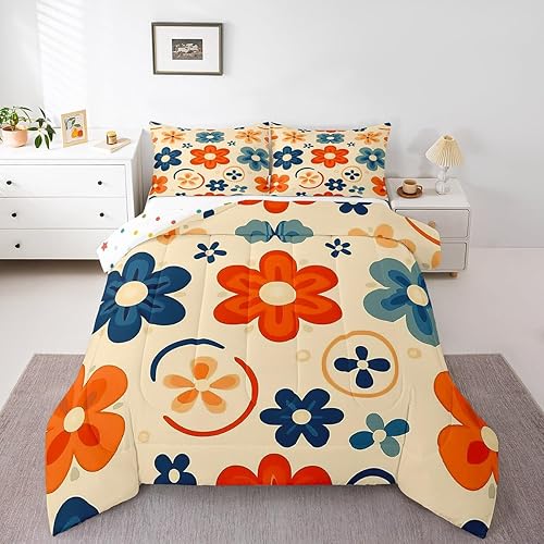 Miniatura 14 de Juego de edredón de flores Groovy de los años 70, tamaño individual, juego de edredón floral de arco iris bohemio para niños, niñas, adolescentes,