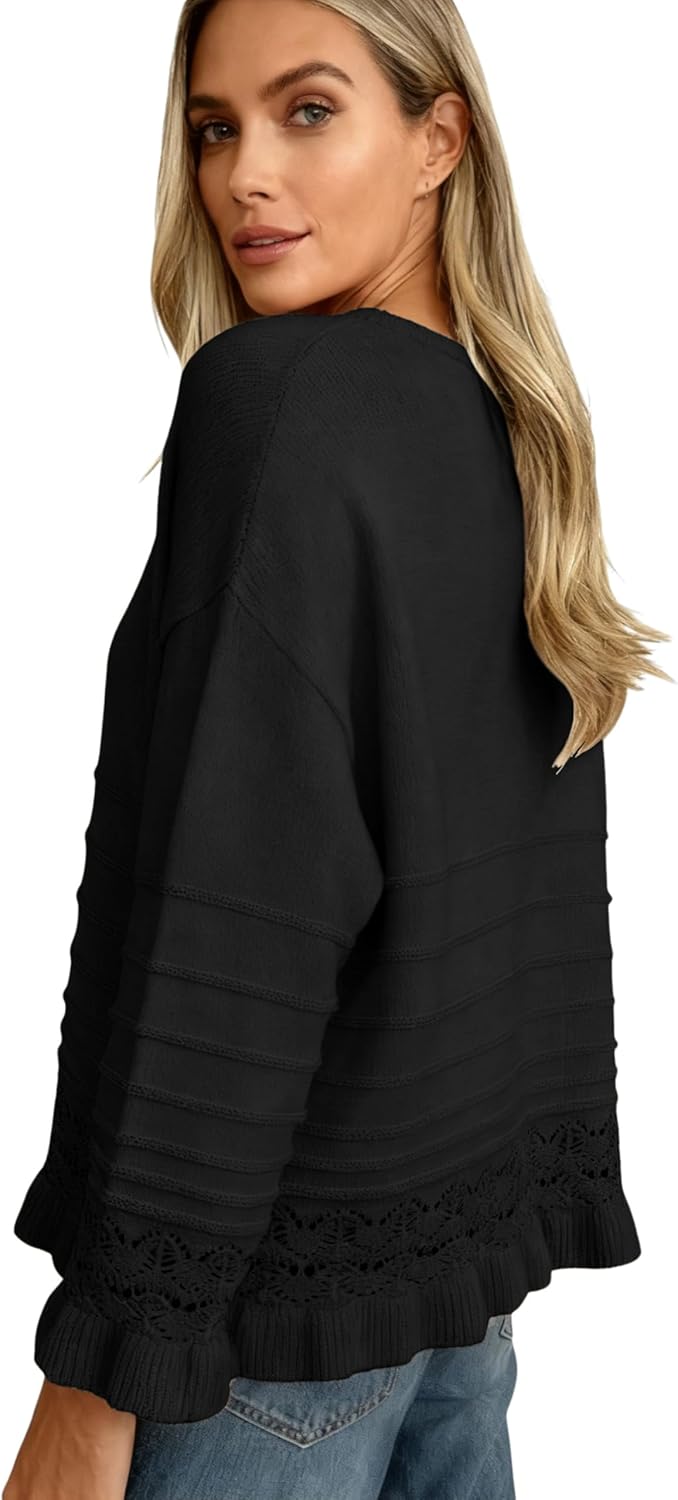 Yeokou Womens Pullover Sweater Round Neck Ruffled Hem Knit Crochet Long Sleeve Winter Spring Casual Top Outfits(Black-L) - Image 4