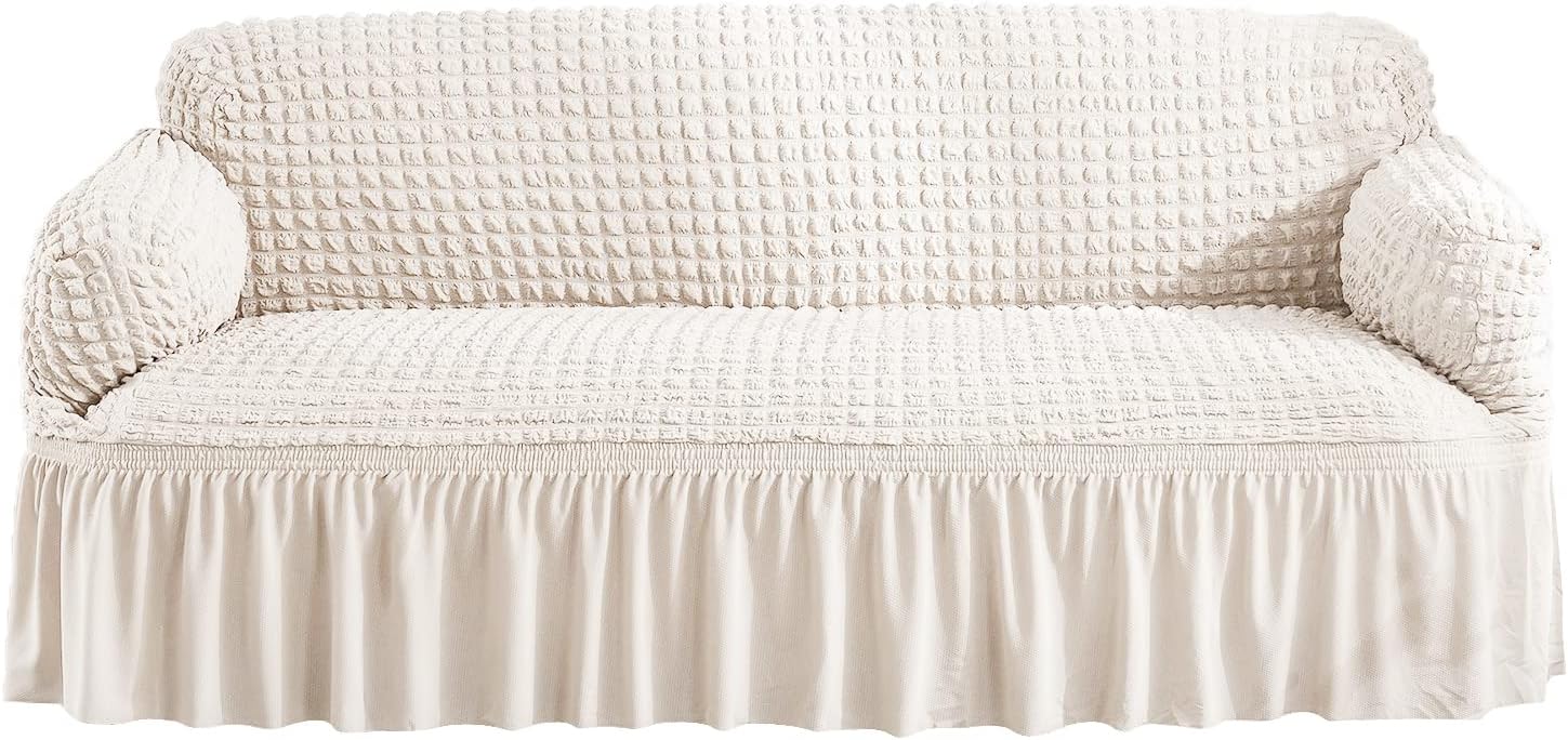 Stretch Sofa Slipcover, Soft Couch Cover with Skirt Easy Fitted Sofa Covers Furniture Protector for Pets Kids (White, Large)