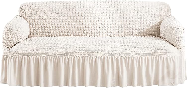 Stretch Sofa Slipcover, Soft Couch Cover with Skirt Easy Fitted Sofa Covers Furniture Protector for Pets Kids White, Large