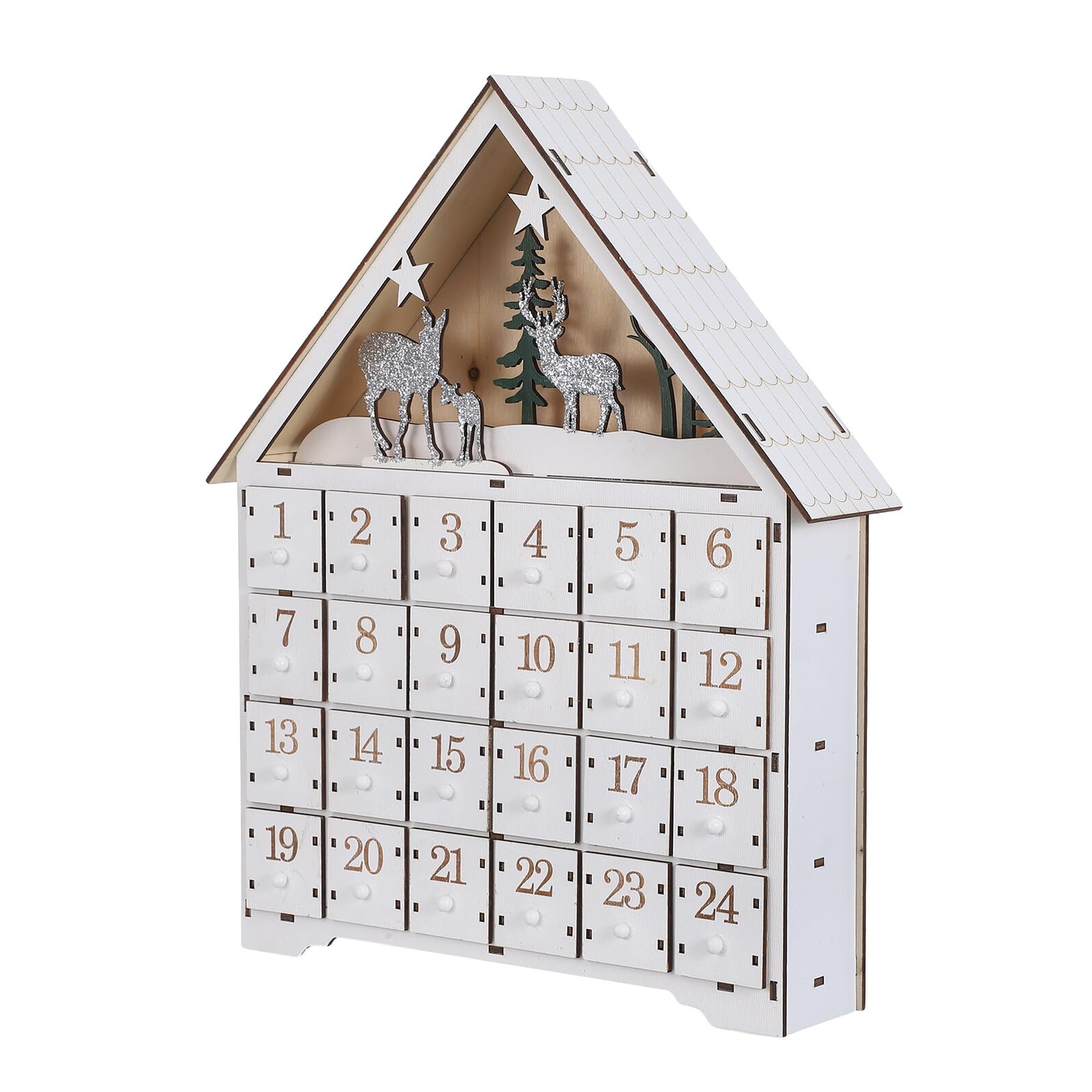 Calendario de Adviento de Madera con Luces LED Rellenables Decoración Navideña con Forma de Casa y Reno para Regresiva Fiestas y Hogar