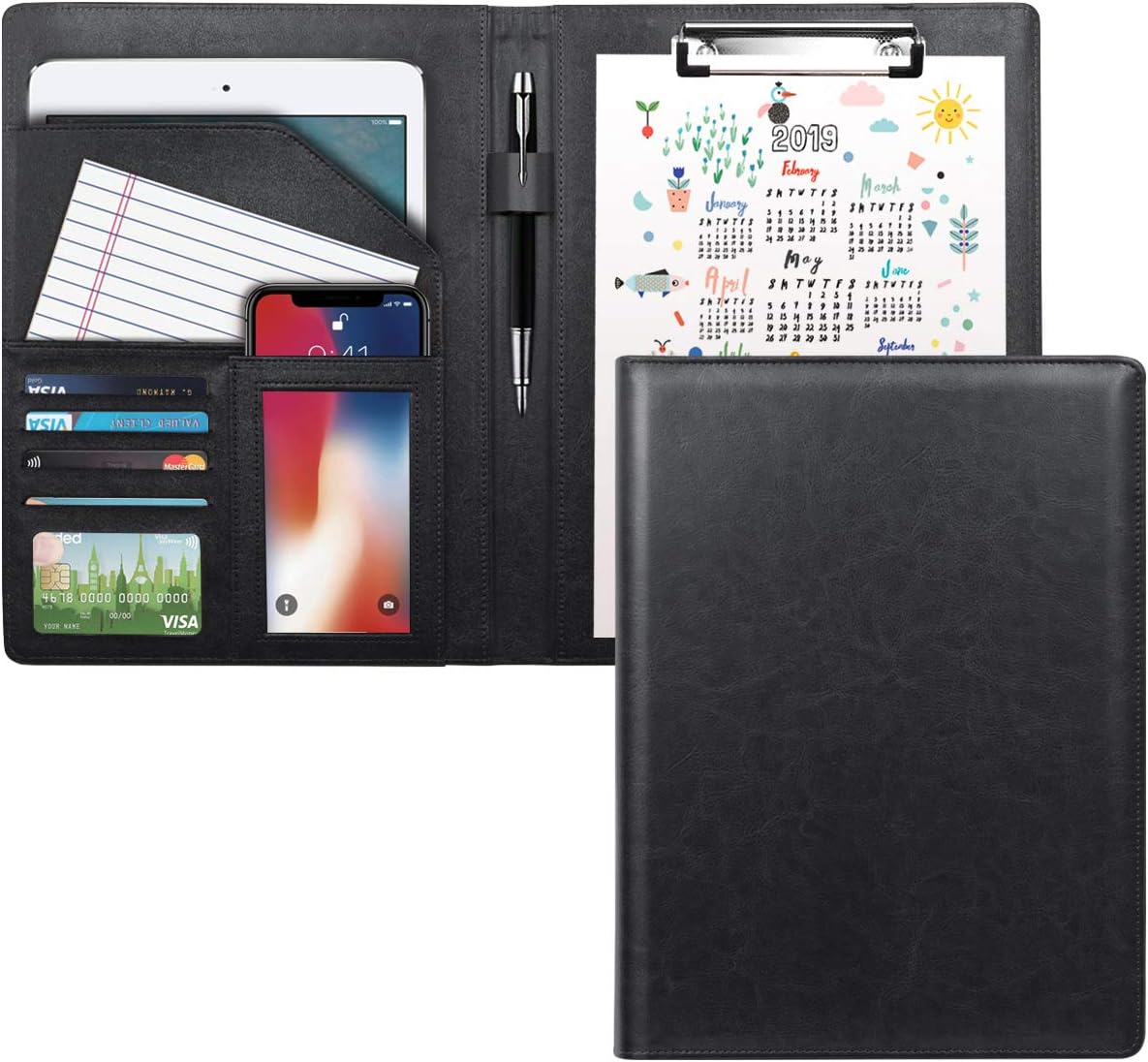 WAVEYU Business Portfolio Folder for Men Women, Padfolio Cover, Conference/Resume/Legal Document Organizer with Letter/A4 Size Clipboard Hardboard, Business Card Holders, Document Sleeve, Black