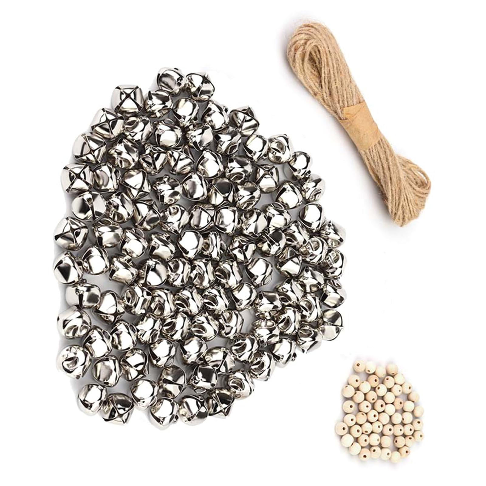 NEWFT 150Pcs Craft Bells Wood Beads Rope Set, 1Inch Craft Bells for, Christmas for Home Christmas Decorations Festival