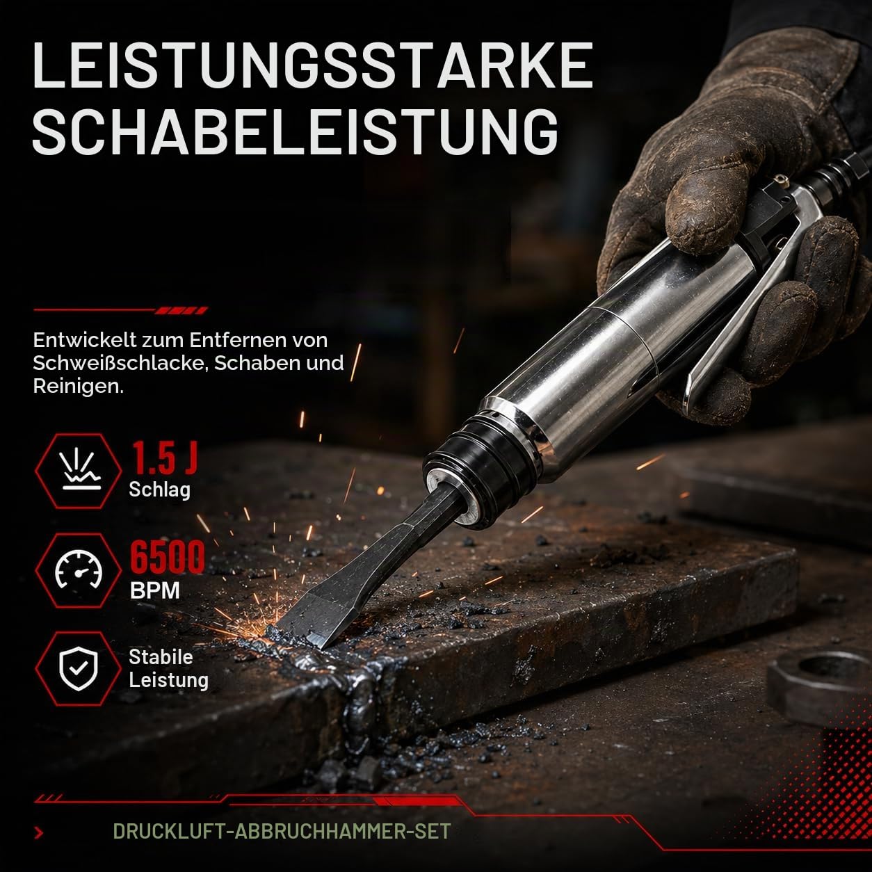 Druckluft Meißelhammer, Druckluft Stemmhammer Drucklufthammer Druckluftmeißel, 6500BPM 1.5J/Min, Gerader Typ Presslufthammer Abbruchhammer Bohrhammer Schaufel Mit 2-Teiligem Meißesatz
