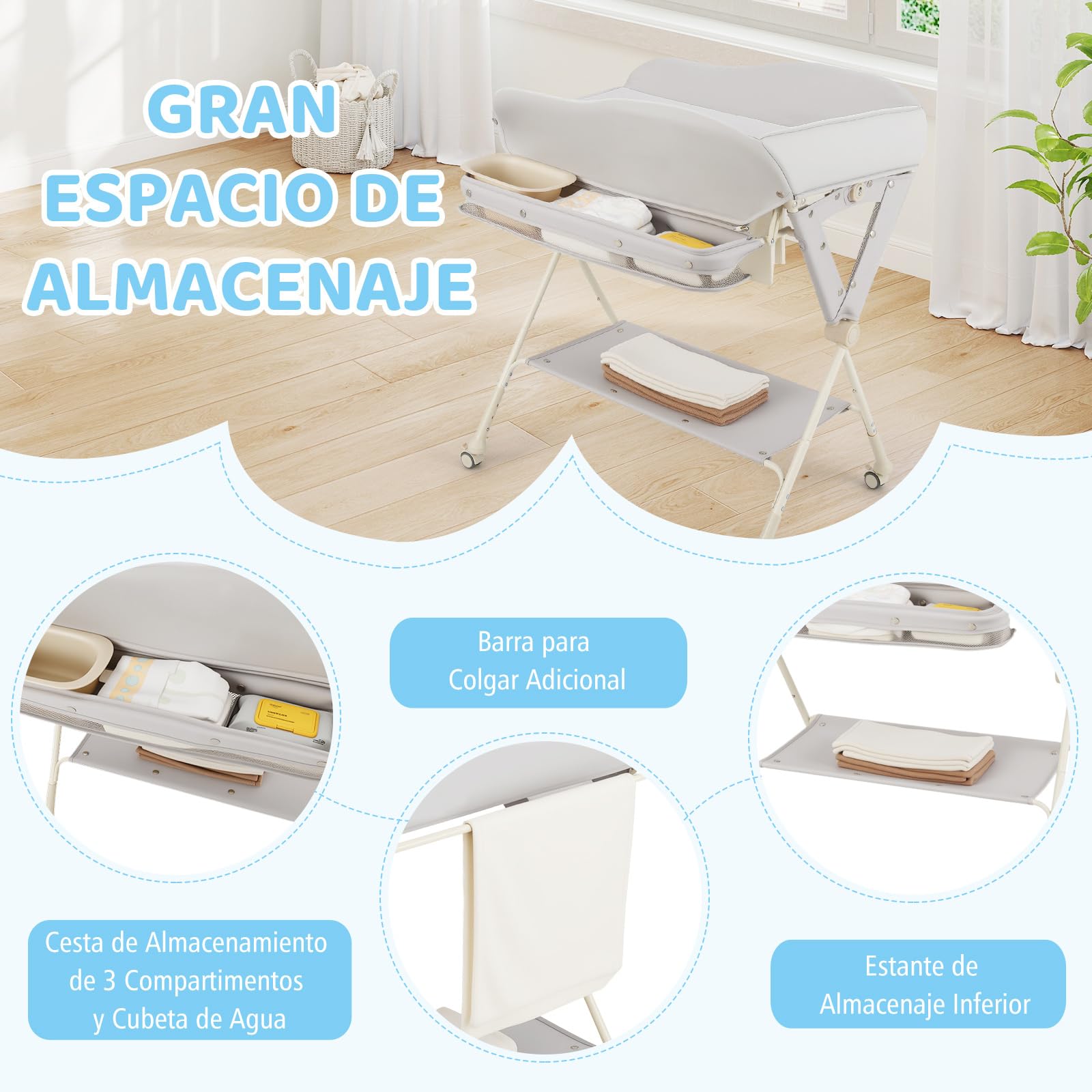 COSTWAY Cambiador de Pañales Plegable para Niños, Cubículo Cambio Pañales con Almacenaje, Ruedas Extraíbles y Bloqueables,Organizador Móvil para Bebé y Niño (Gris)