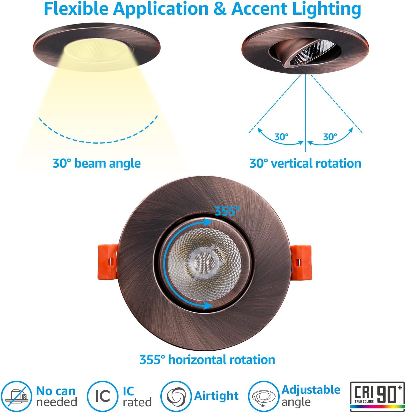 TORCHSTAR 5CCT 3 Inch Gimbal LED Recessed Light, CRI90+ Dimmable Swivel Adjustable Eyeball Downlight, 2700K/3000K/3500K/4000K/5000K Selectable, Canless LED Ceiling Light, Airtight IC, Pack of 6