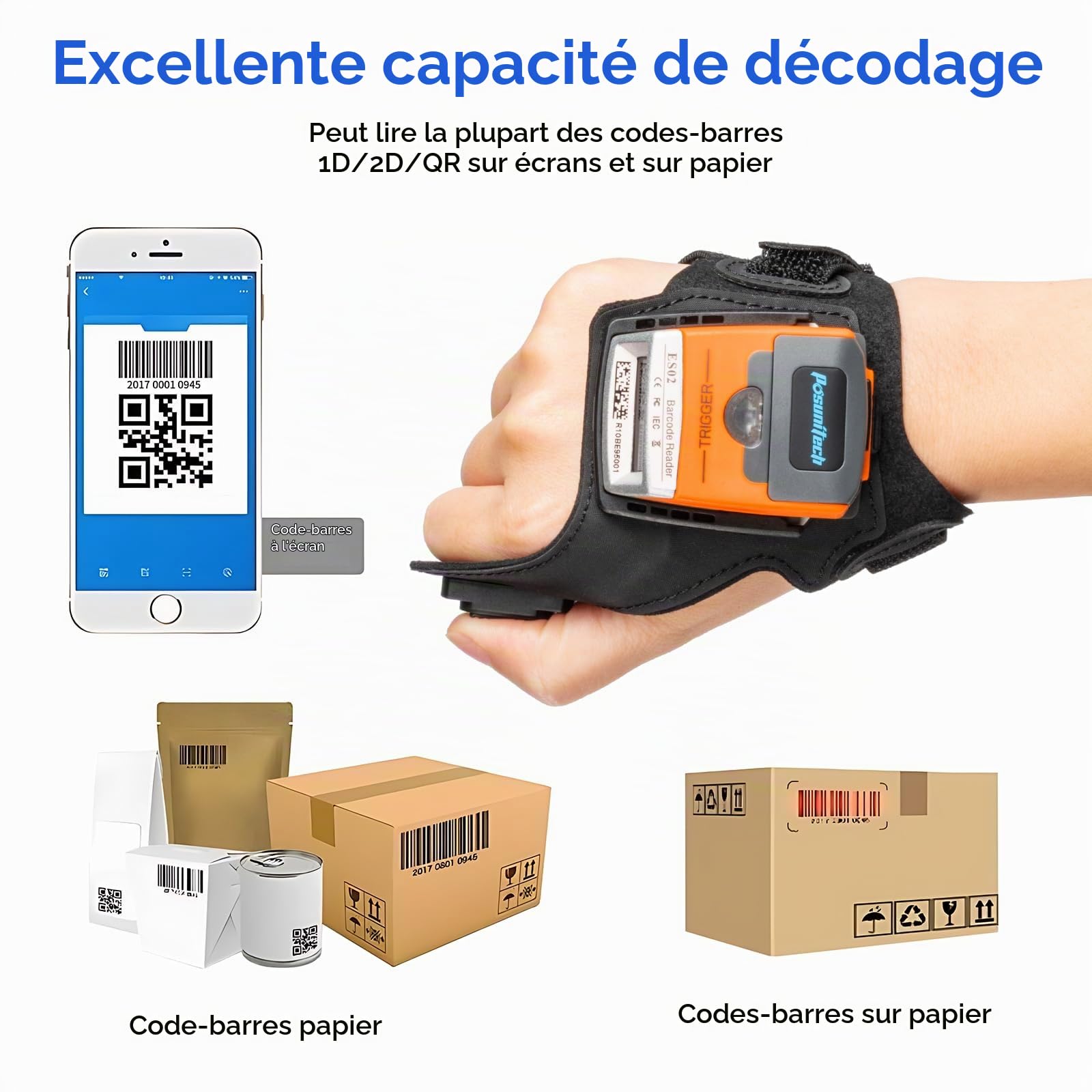 ES02 Scanner de codes-barres gants, sans fil Bluetooth 2D Scanner portable, indice de protection IP65, adapté pour l'entrepôt, la fabrication, le transport, le prélèvement et d'autres