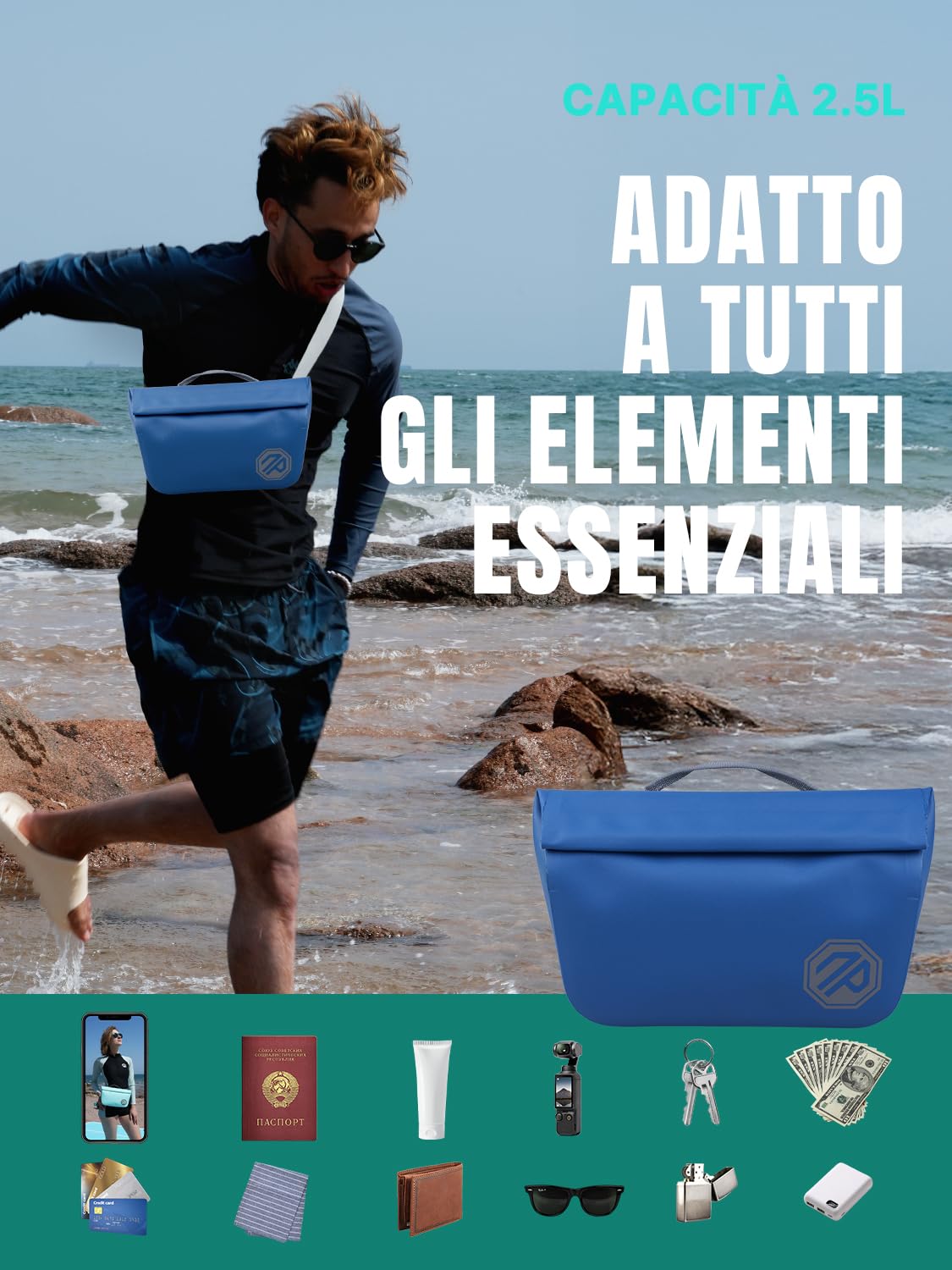 niphean IPX7 Marsupio Impermeabile con Chiusura Magnetica Mano, Sacca Impermeabile Resistente per Kayak, SUP, Spiaggia, Nuoto, Versatile Borsa a Tracolla, Marsupio Uomo&Donna, 2.5L,Blu Marina