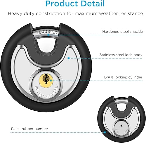 Miniatura 8 de Puroma Candado con llave, cerradura de disco de acero inoxidable con 3 llaves y cerradura de almacenamiento impermeable y resistente al óxido con