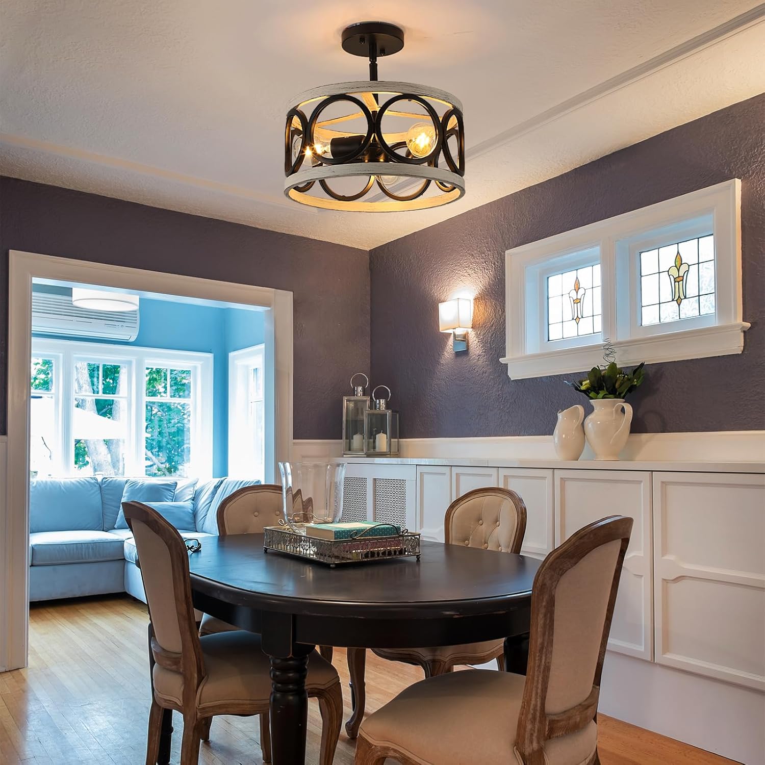 Farmhouse Semi Flush Mount Ceiling Light,3-Light Industry Oak White Sloped Ceiling Light Fixtures D13 Inches Rustic Metal Light Fixture for Entryway Foyer Hallway Kitchen Dining Room