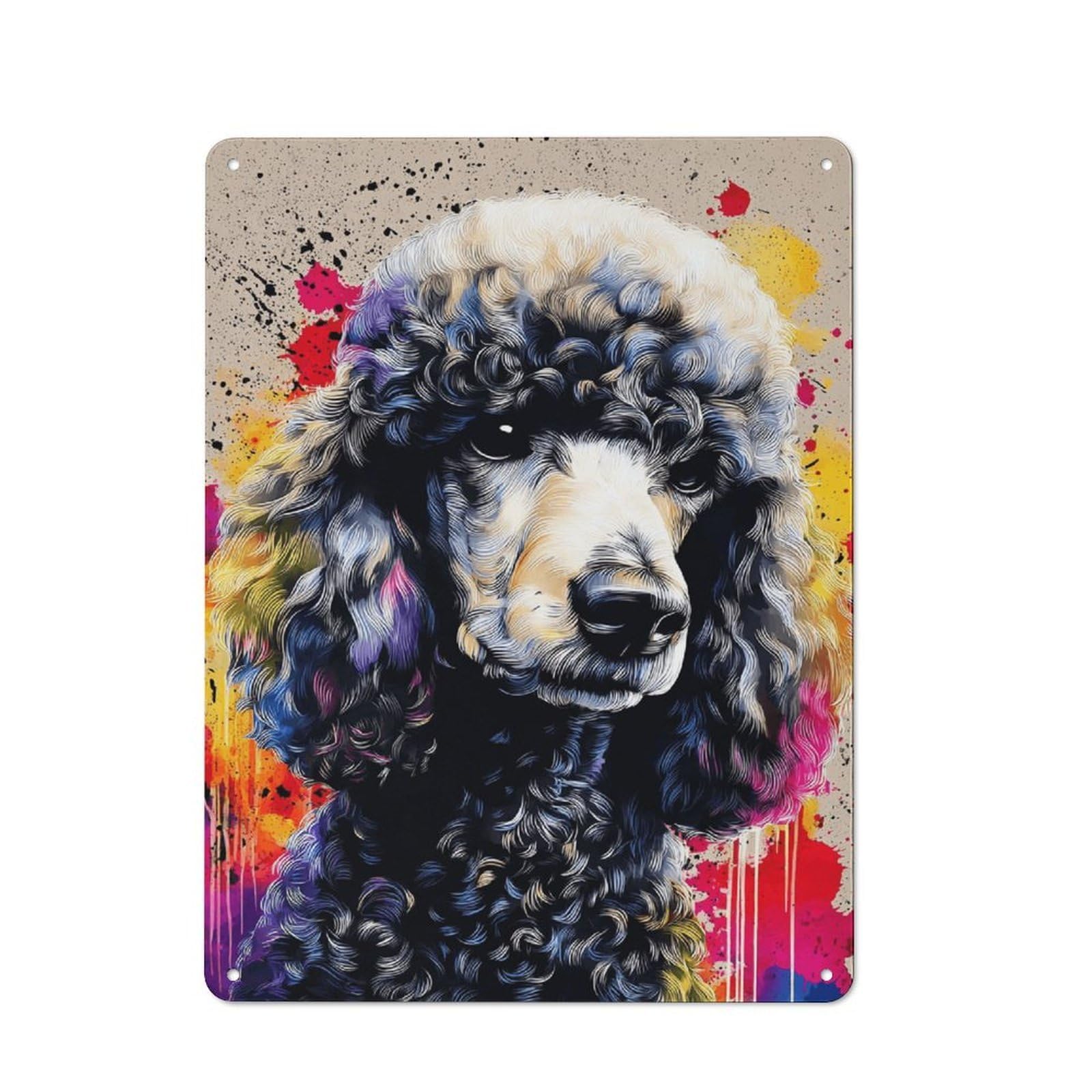 Junmoney Colorful Poodle Portrait Art Rustic Tin Wall Plaque 40X30cm For Garage Or Workshop, For Garage Decor Fans, For Retro Home Interiors