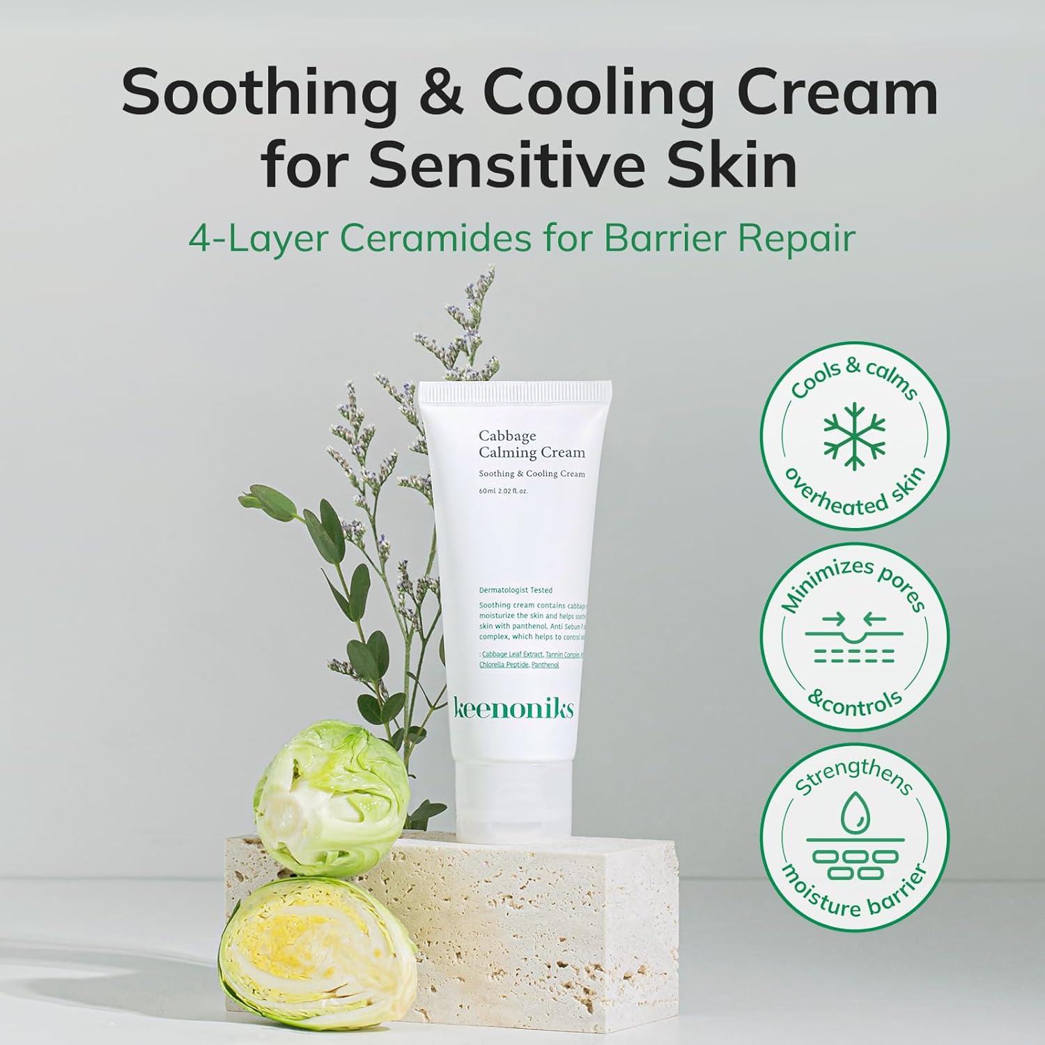 keenoniks Cabbage Calming Cream – Instantly Calm, Hydrate & Tighten Pores - Korean Moisturizer for Sensitive Skin - 60ml (2.03 Fl Oz) - Image 2