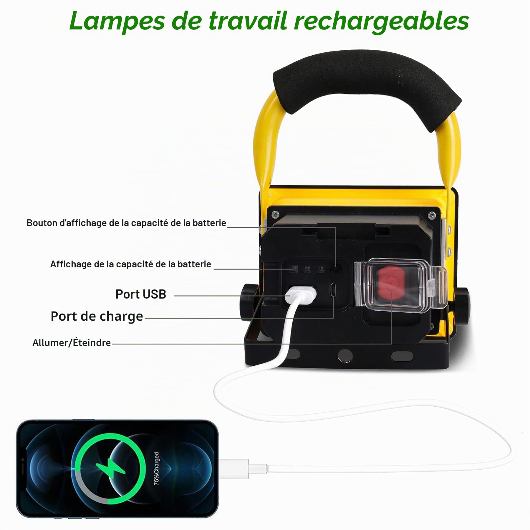 T-SUN Projecteur LED Rechargeable 30W 2500LM Lumiere LED Sans Fil Exterieur Projecteur LED Batterie, Portable Lampe de Chantier/de Travail avec USB