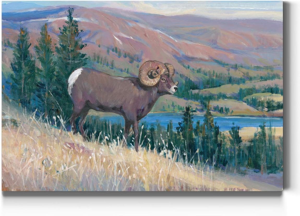 Renditions Gallery Bighorn Sheep and Mountain Wall Art, Ram Landscape, Brown, Green, Yellow, Blue Colorful Premium Gallery Wrapped Canvas Decor, Ready to Hang, 12 In H x 18 In W, Made in America Print