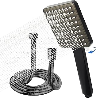 High Pressure Shower Head and Hose Set, 6 Spray Modes Square Shower Head with 1.5M Stretchable 304 Stainless Steel Hose, Universal Water Saving Adjustable Power Shower Heads for Low Water Pressure